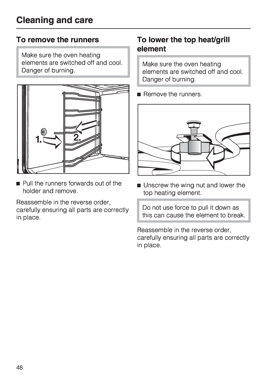 Miele H 5460-BP installation instructions To remove the runners, To lower the top heat/grill element, Cleaning and care 