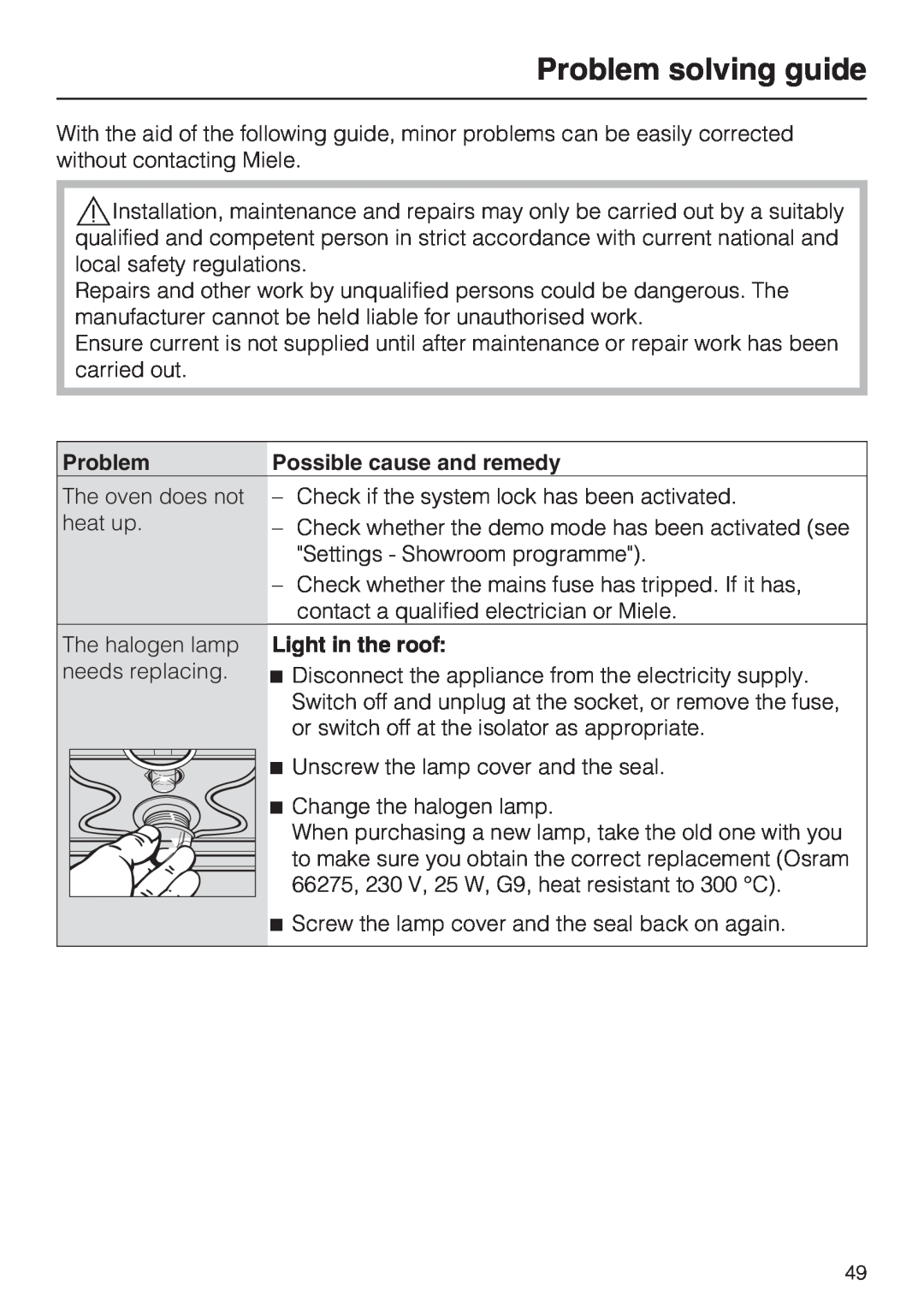 Miele H 5460-BP installation instructions Problem solving guide, Possible cause and remedy, Light in the roof 