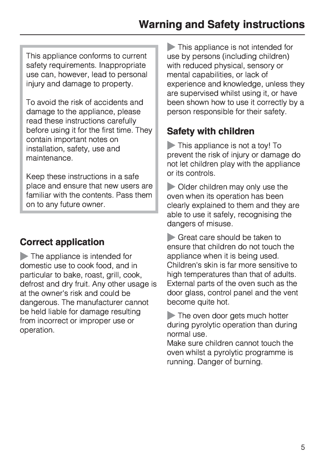 Miele H 5460-BP installation instructions Warning and Safety instructions, Correct application, Safety with children 