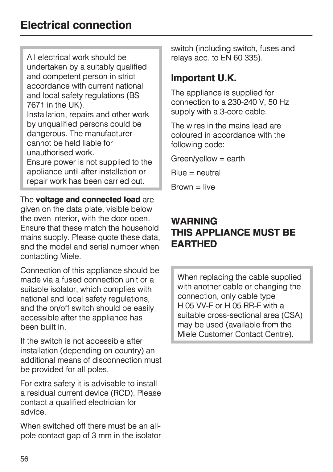 Miele H 5460-BP installation instructions Electrical connection, Important U.K, This Appliance Must Be Earthed 