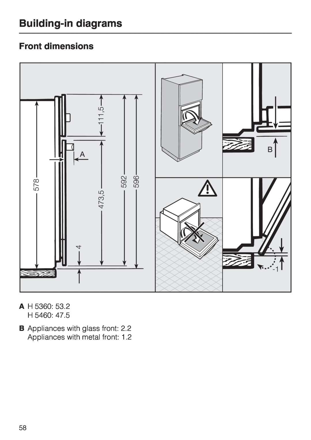 Miele H 5460-BP installation instructions Front dimensions, Building-indiagrams, 53.2, 47.5, BAppliances with glass front 