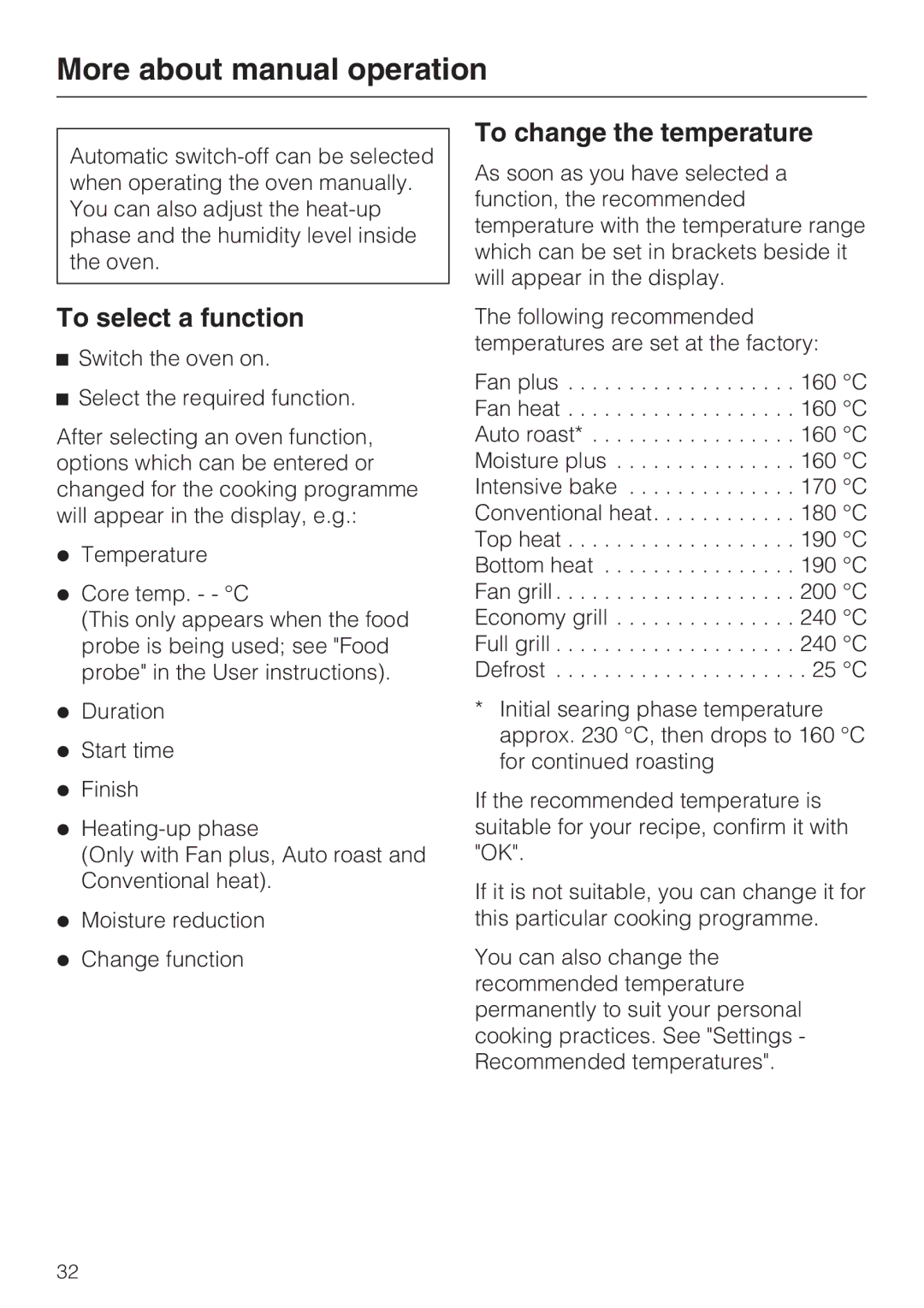 Miele H 5688 BP, H 5681 BP More about manual operation, To select a function, To change the temperature 