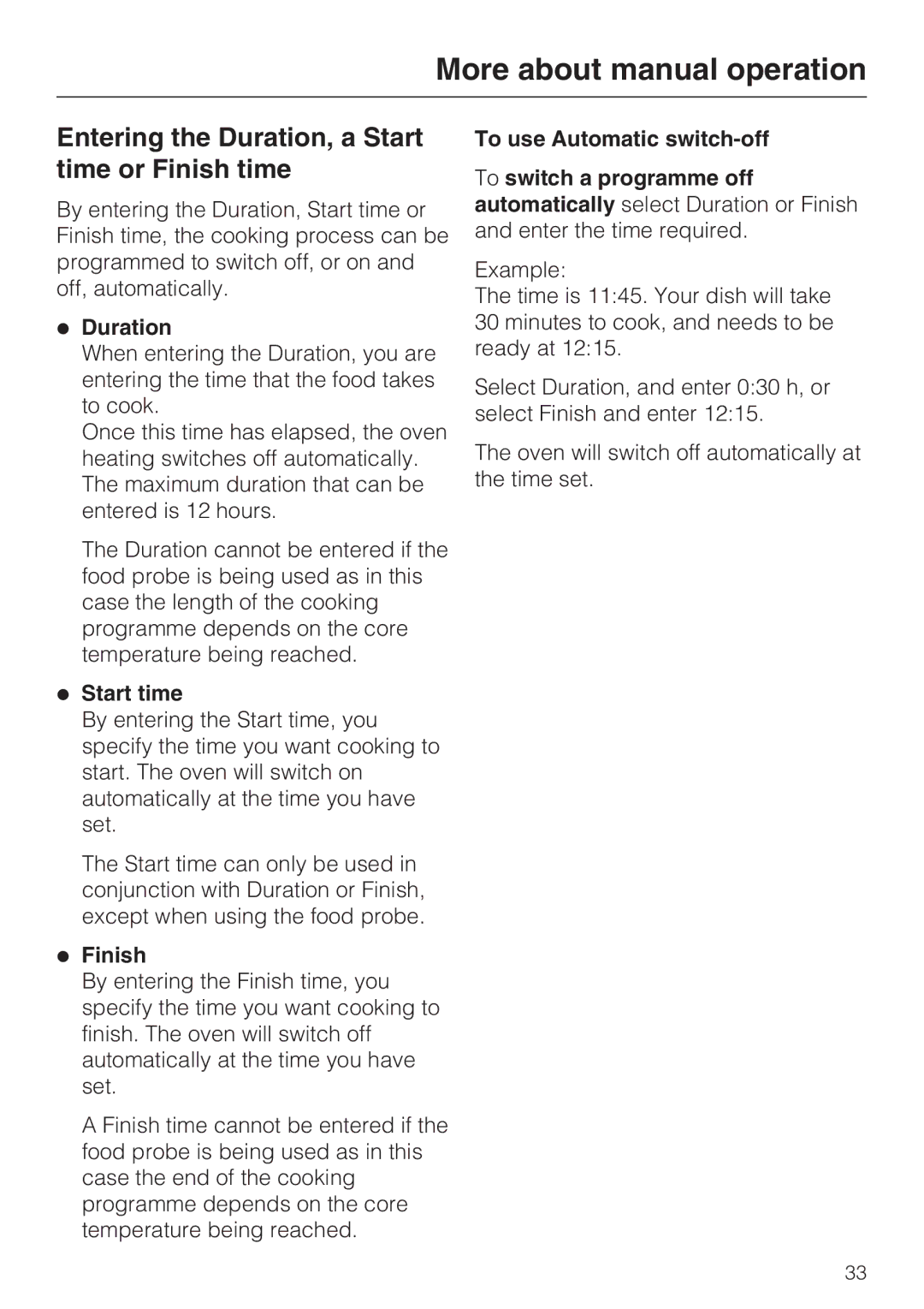 Miele H 5681 BP, H 5688 BP installation instructions Entering the Duration, a Start time or Finish time 