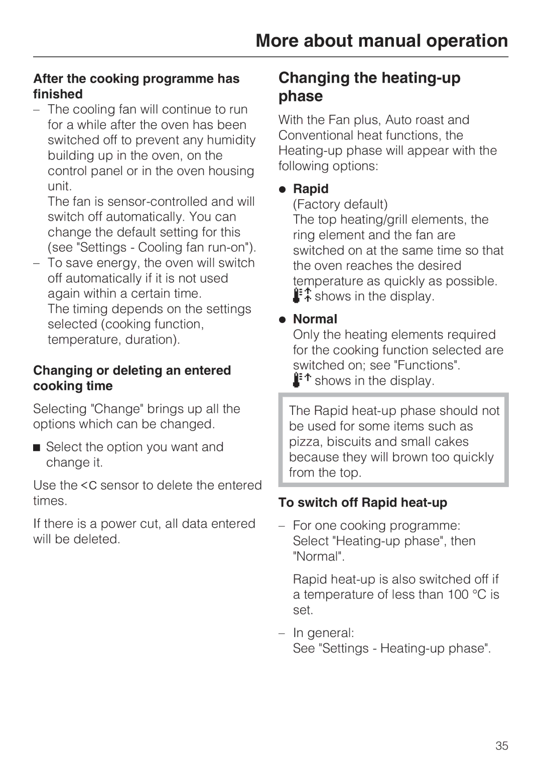 Miele H 5681 BP, H 5688 BP installation instructions Changing the heating-up phase 