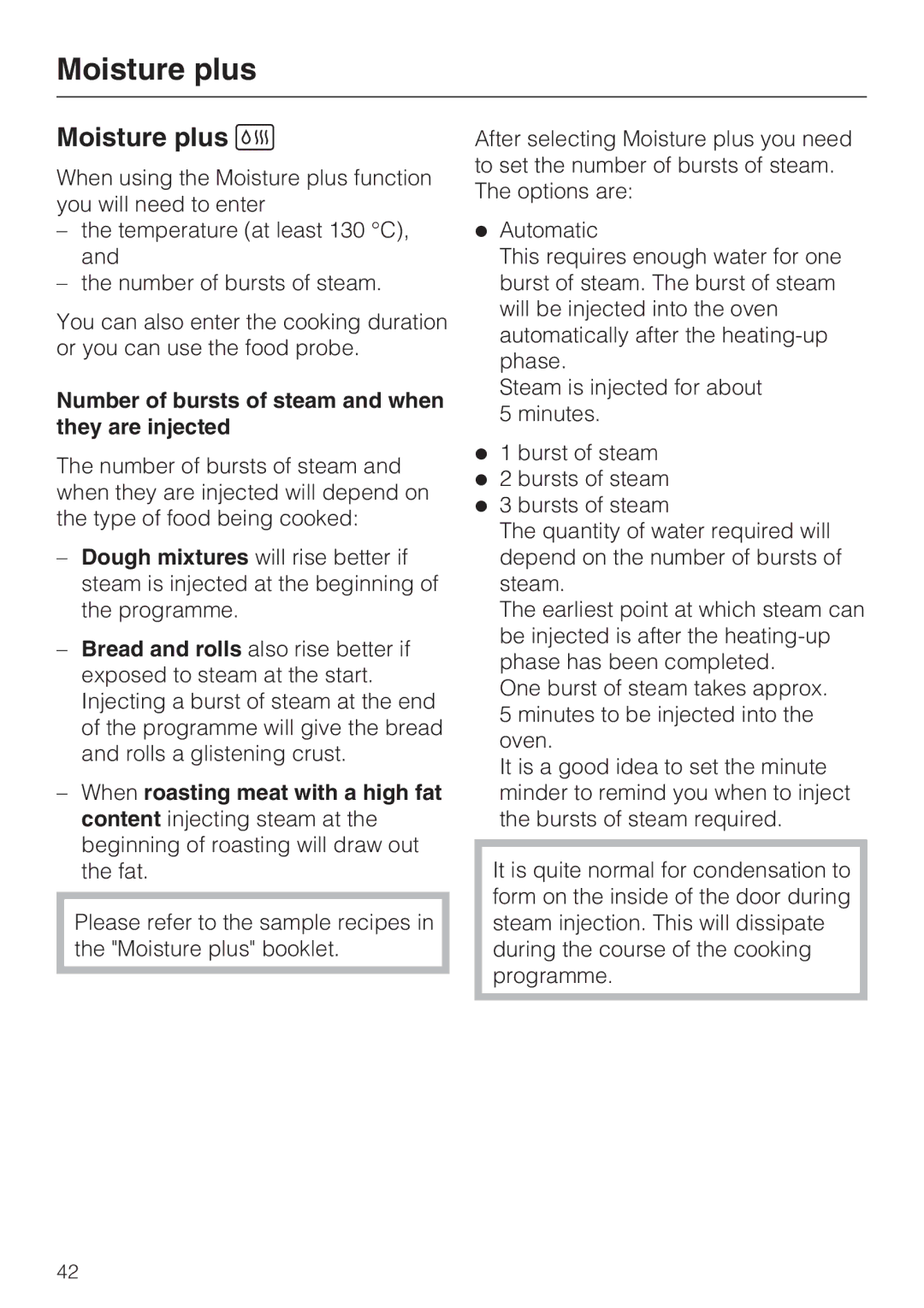 Miele H 5688 BP, H 5681 BP installation instructions Moisture plus, Number of bursts of steam and when they are injected 