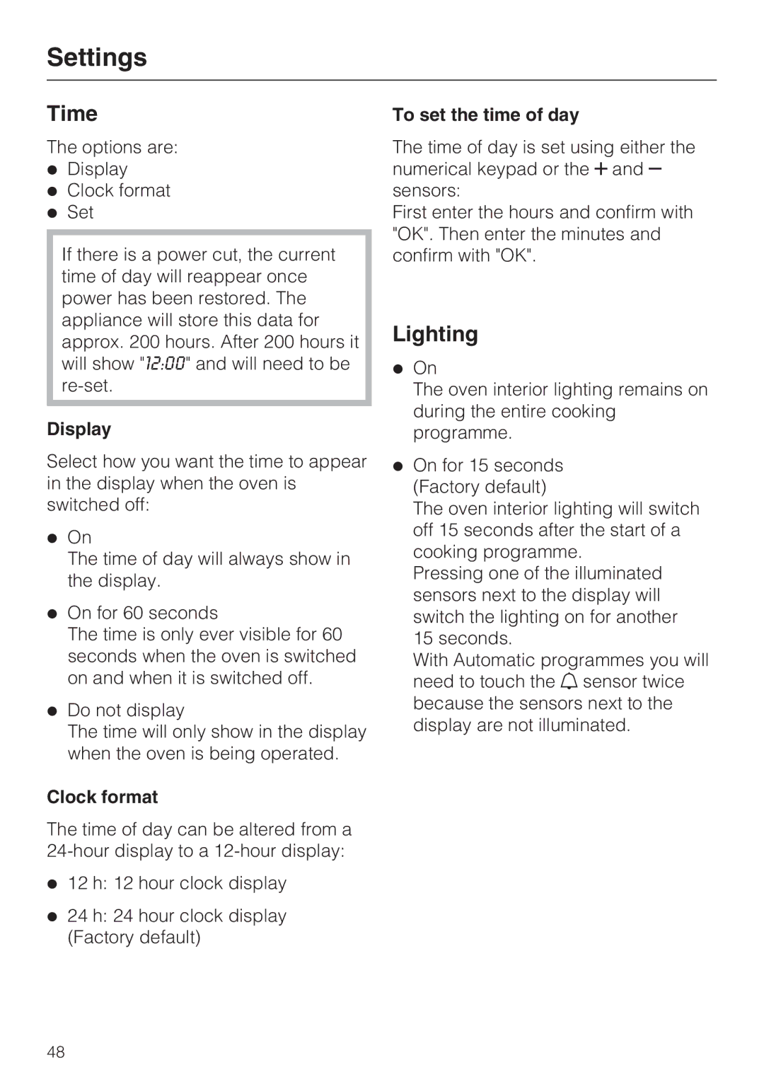 Miele H 5688 BP, H 5681 BP installation instructions Time, Lighting, Display, To set the time of day 