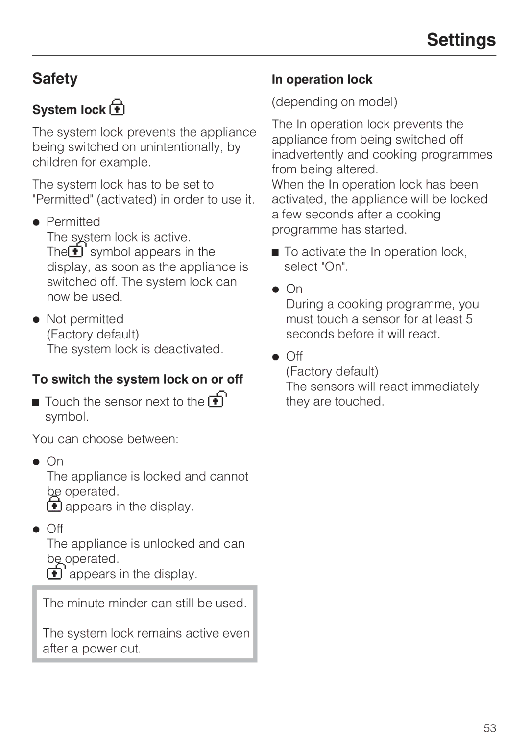 Miele H 5681 BP, H 5688 BP installation instructions Safety, To switch the system lock on or off, Operation lock 