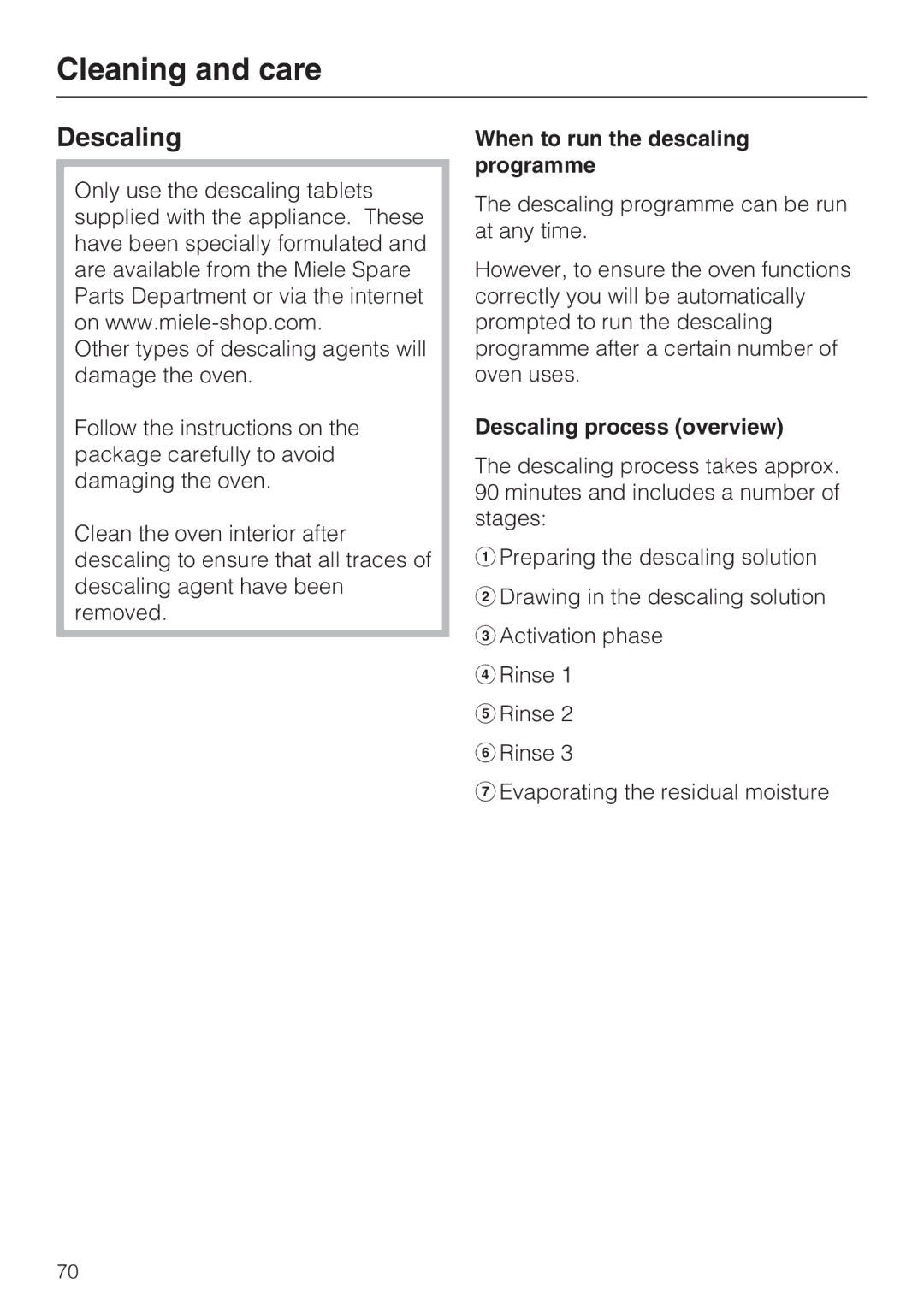 Miele H 5688 BP, H 5681 BP installation instructions When to run the descaling programme, Descaling process overview 