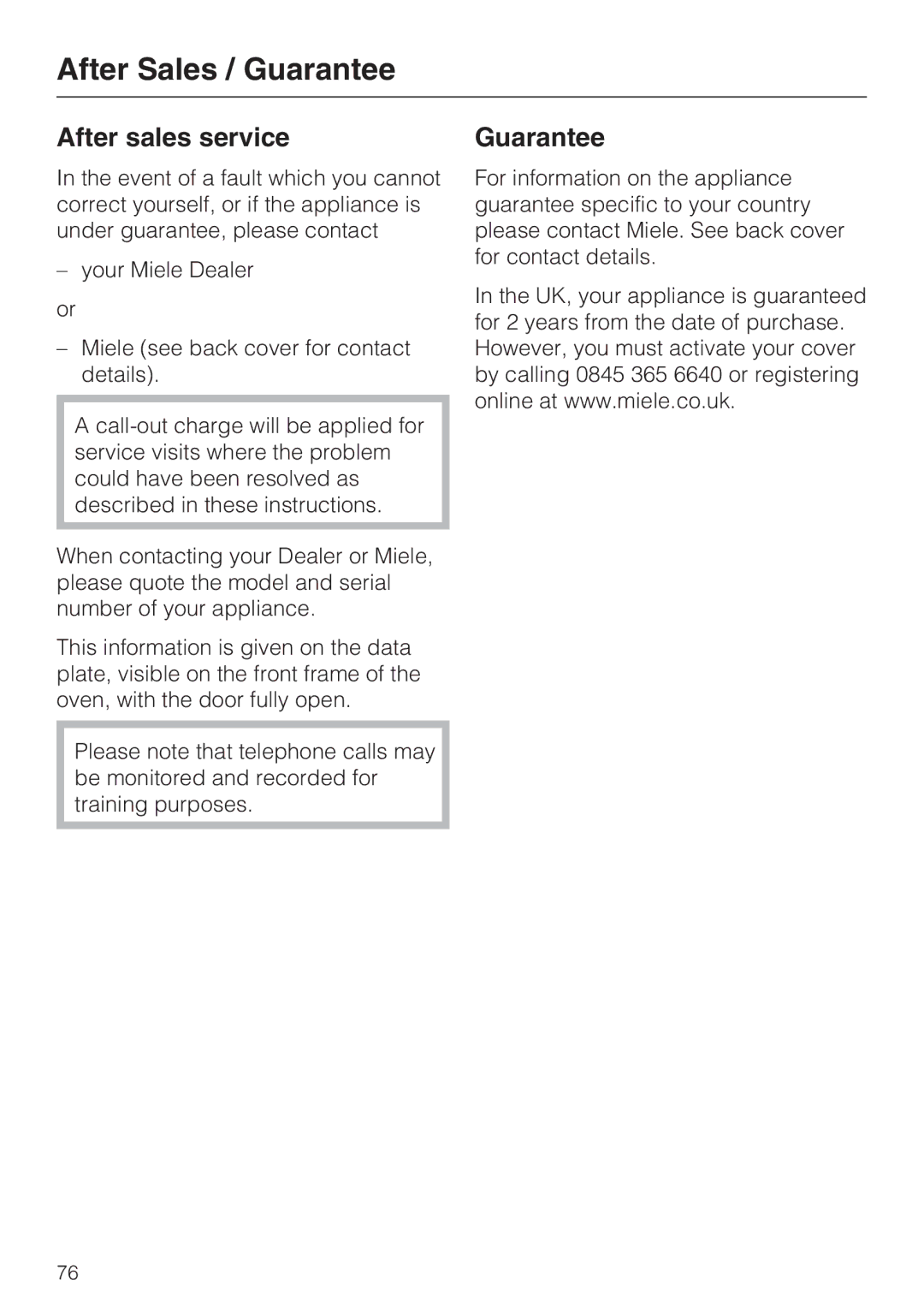 Miele H 5688 BP, H 5681 BP installation instructions After Sales / Guarantee, After sales service 