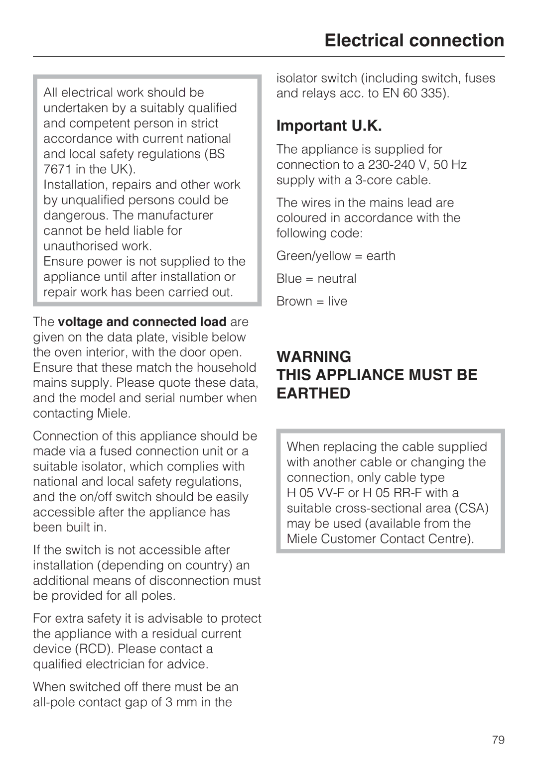 Miele H 5681 BP, H 5688 BP installation instructions Electrical connection, Important U.K 