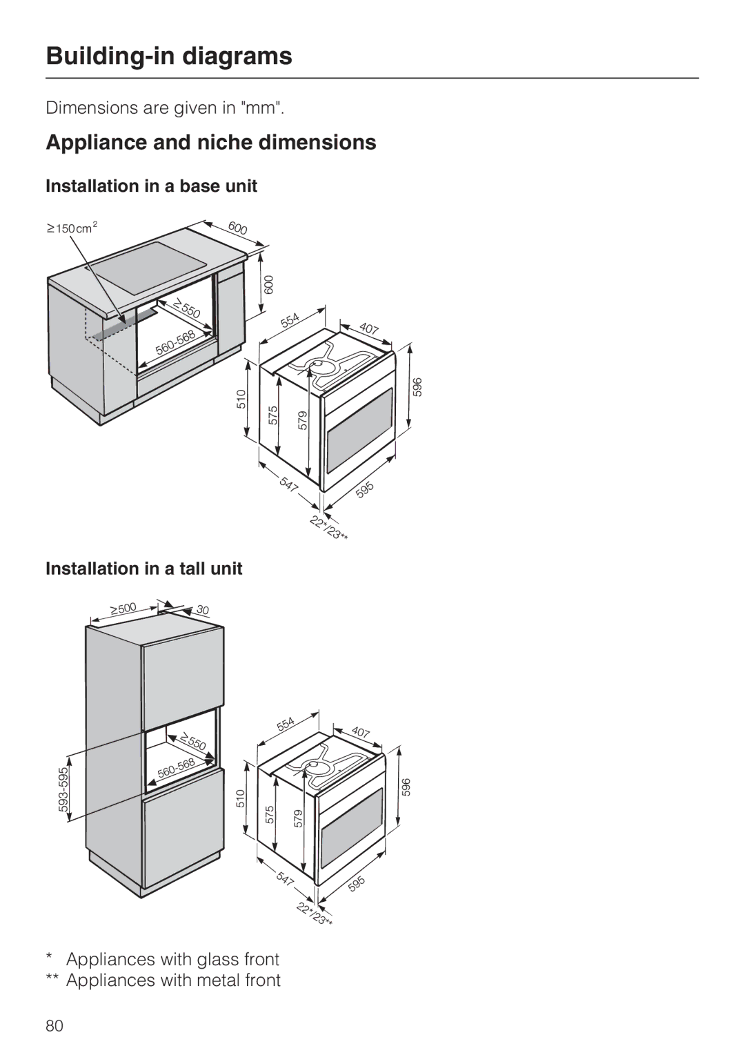 Miele H 5688 BP, H 5681 BP installation instructions Building-in diagrams, Appliance and niche dimensions 