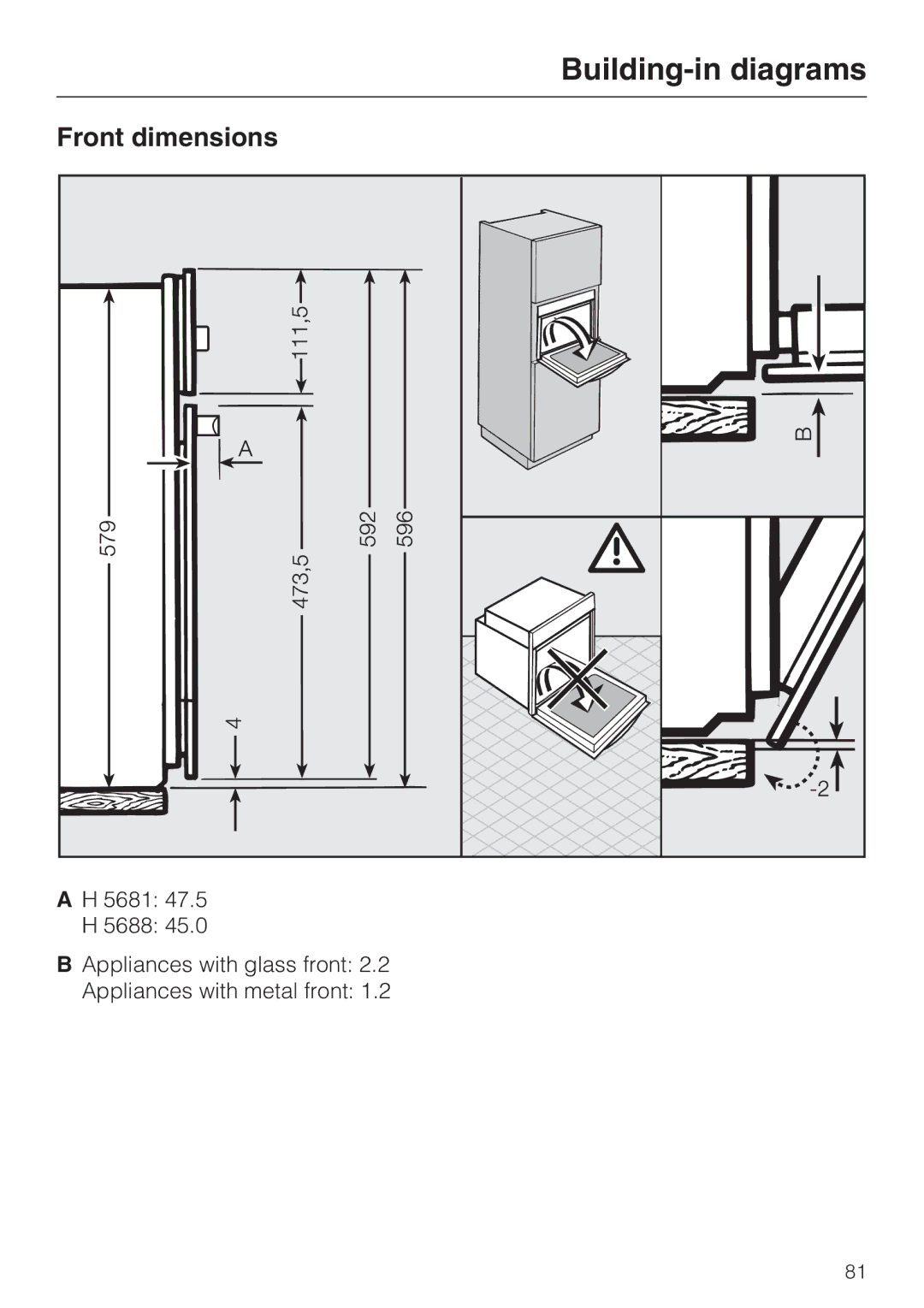 Miele H 5681 BP, H 5688 BP installation instructions Front dimensions 