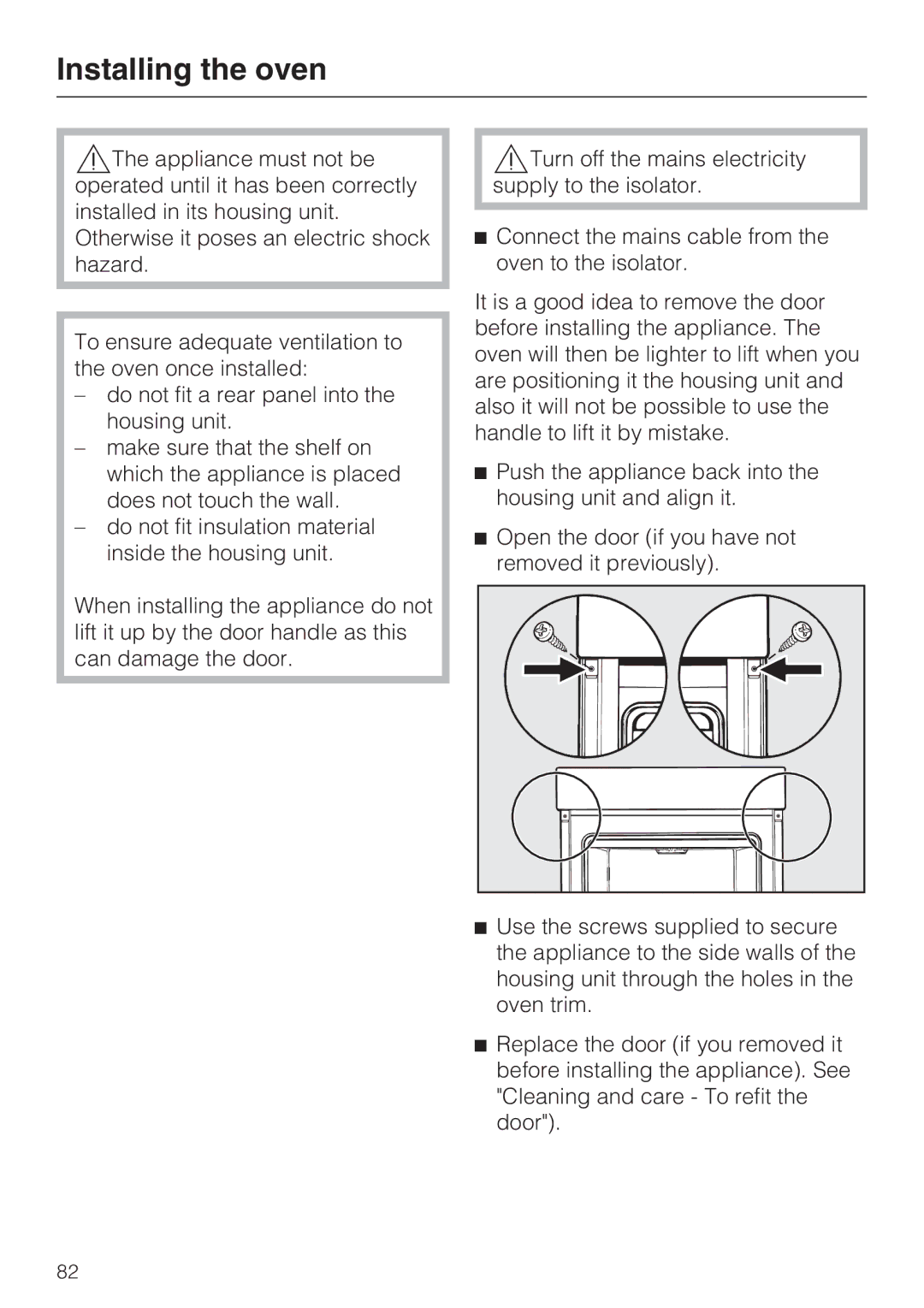 Miele H 5688 BP, H 5681 BP installation instructions Installing the oven 