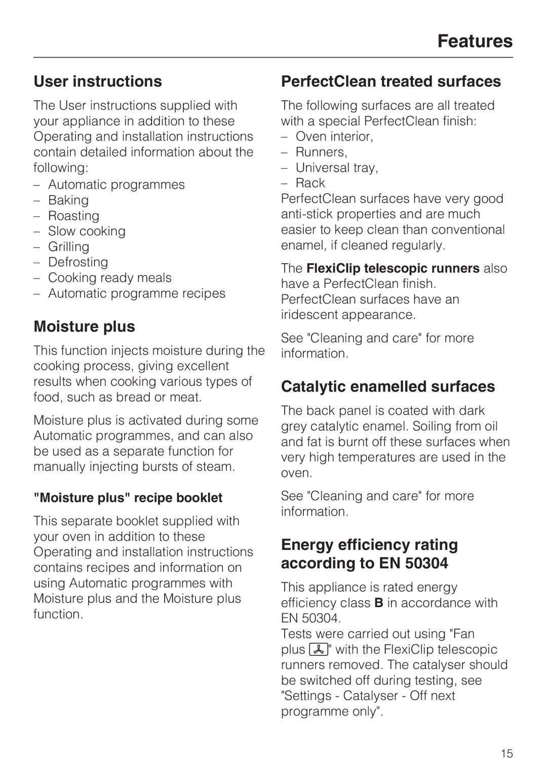 Miele H 5961 B User instructions, Moisture plus, PerfectClean treated surfaces, Catalytic enamelled surfaces 