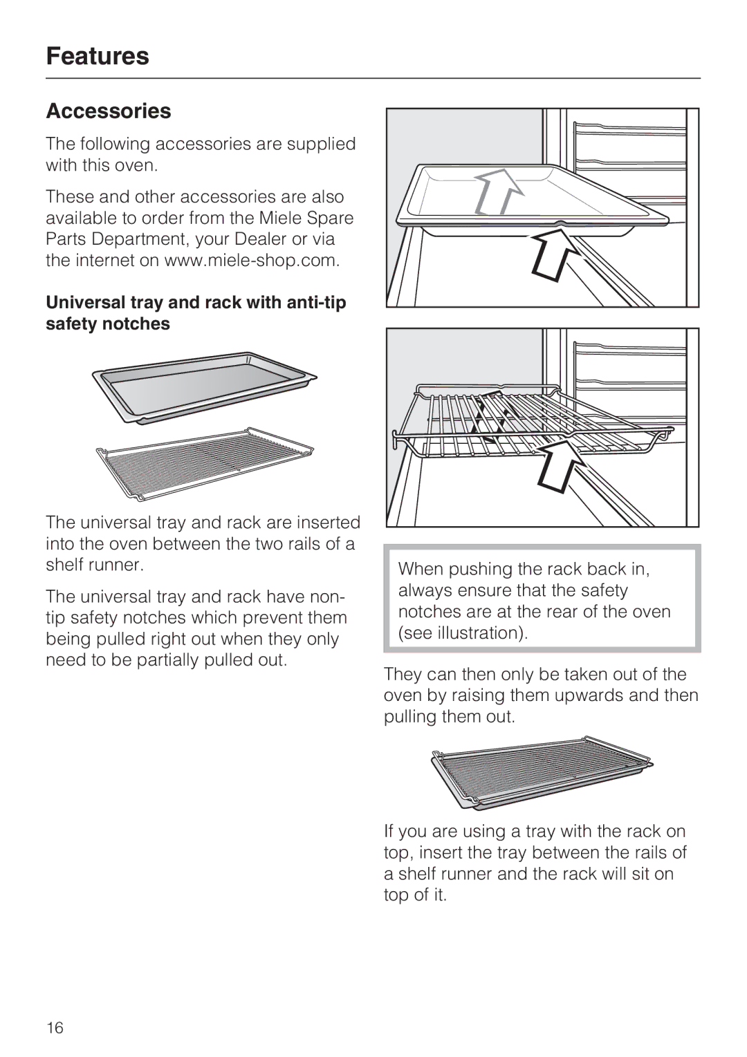 Miele H 5961 B installation instructions Accessories, Universal tray and rack with anti-tip safety notches 