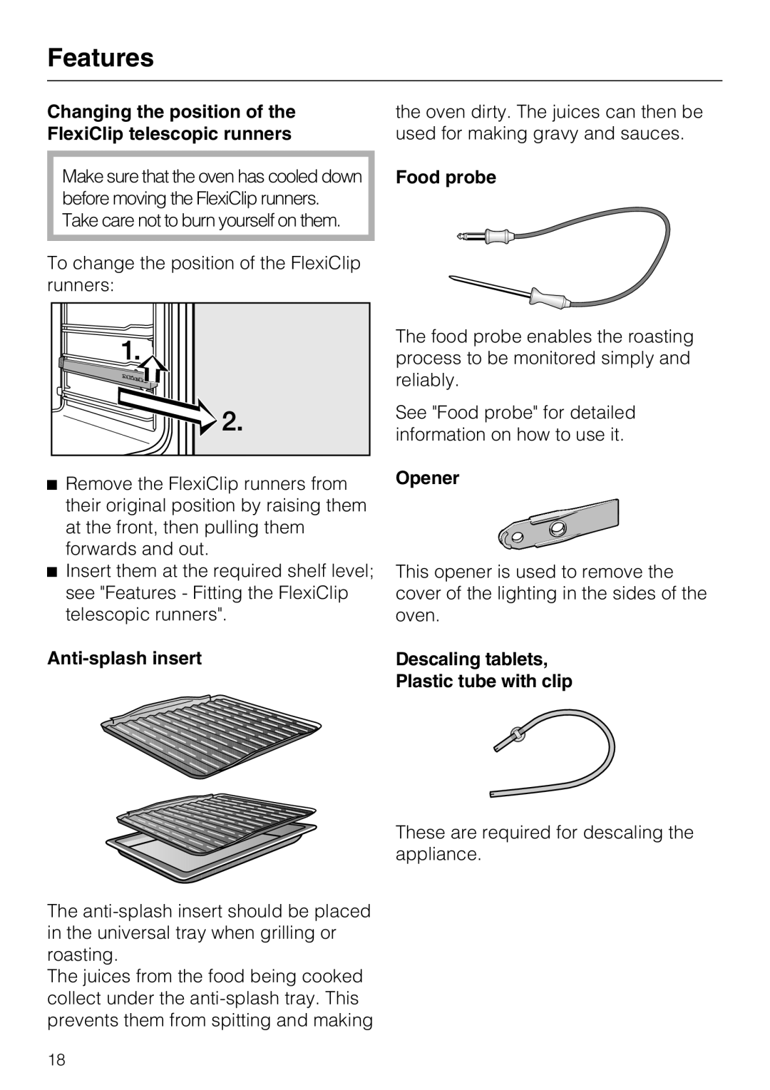 Miele H 5961 B Changing the position of the FlexiClip telescopic runners, Anti-splash insert, Food probe, Opener 