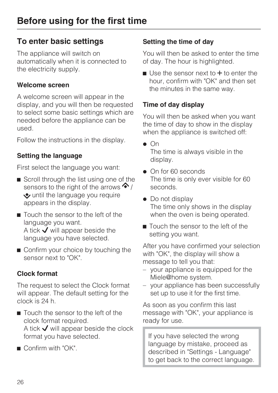 Miele H 5961 B installation instructions Before using for the first time, To enter basic settings 