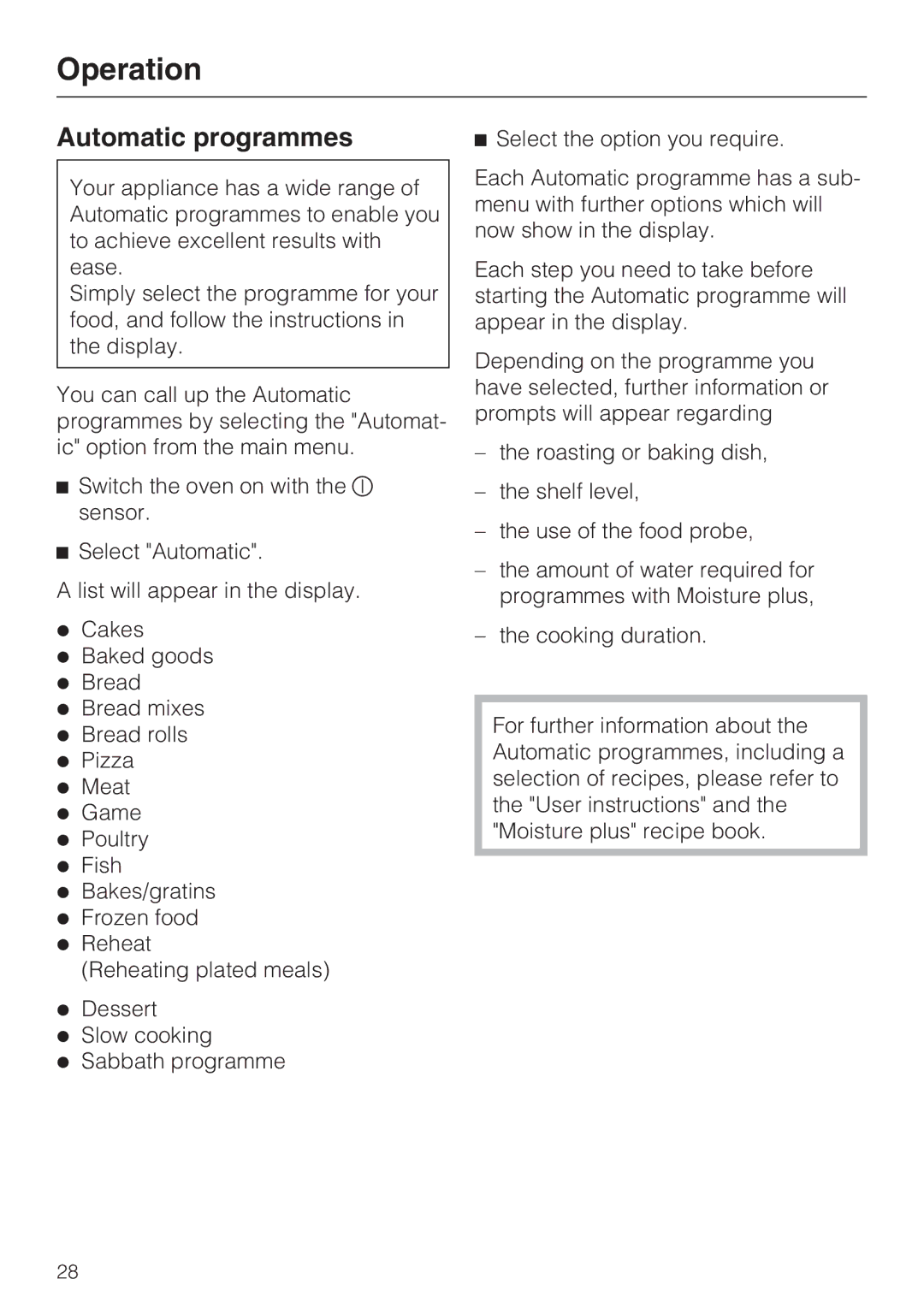 Miele H 5961 B installation instructions Operation, Automatic programmes 