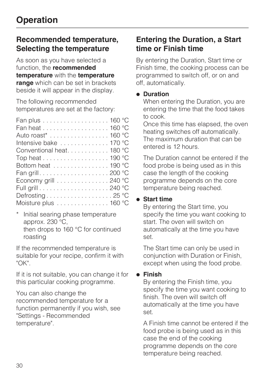 Miele H 5961 B Recommended temperature, Selecting the temperature, Entering the Duration, a Start time or Finish time 