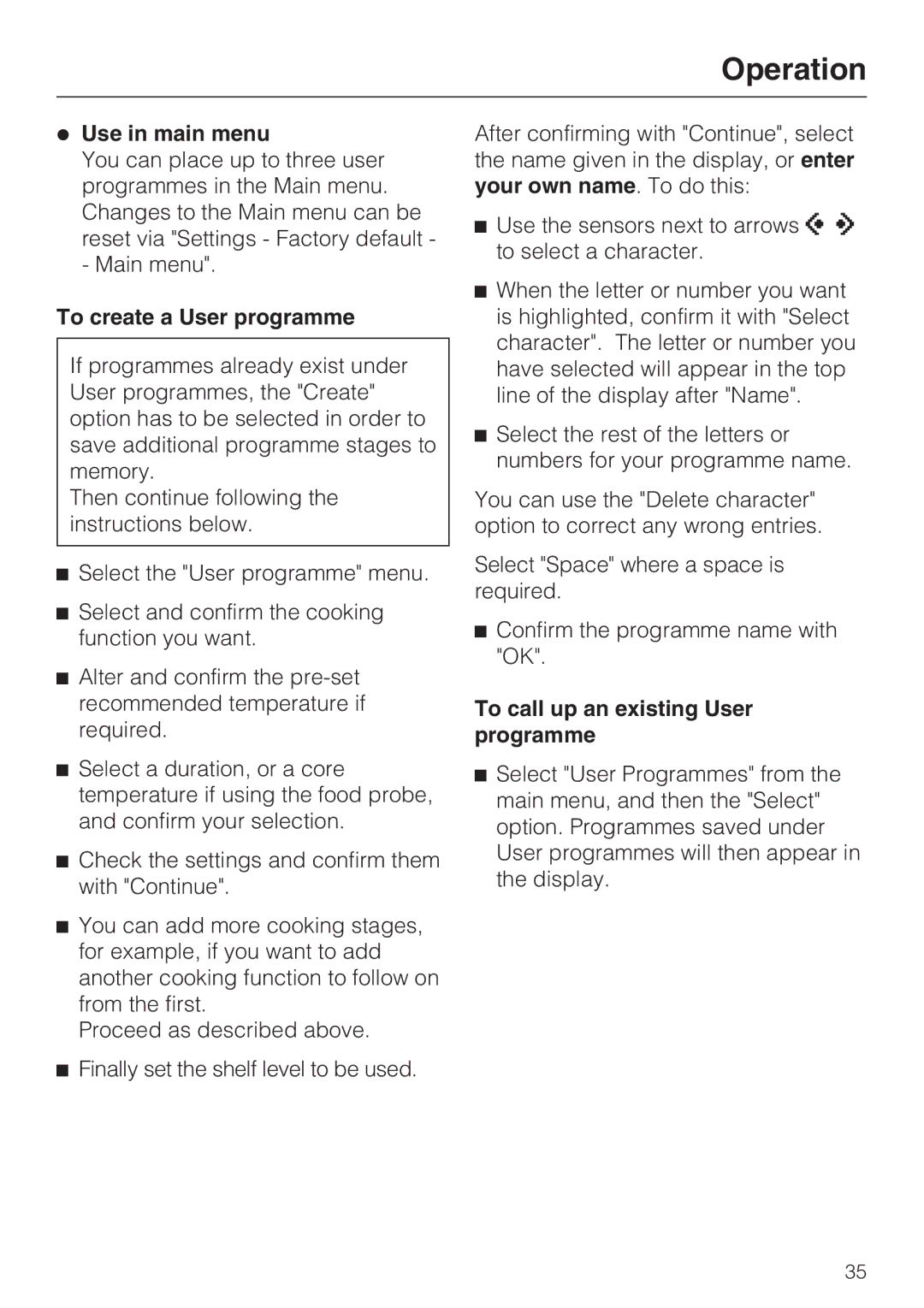 Miele H 5961 B Use in main menu, To create a User programme, To call up an existing User programme 