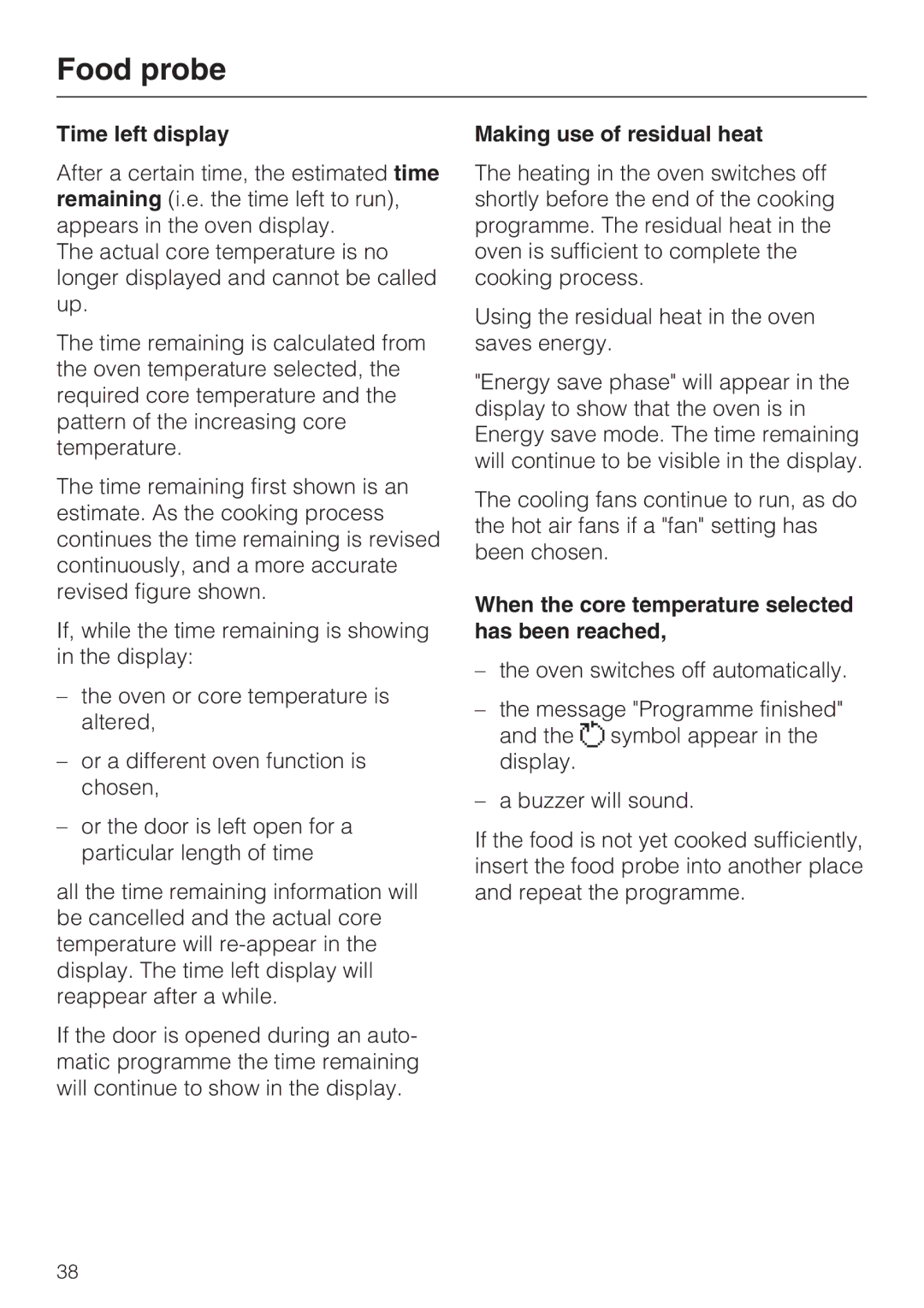 Miele H 5961 B Time left display, Making use of residual heat, When the core temperature selected has been reached 
