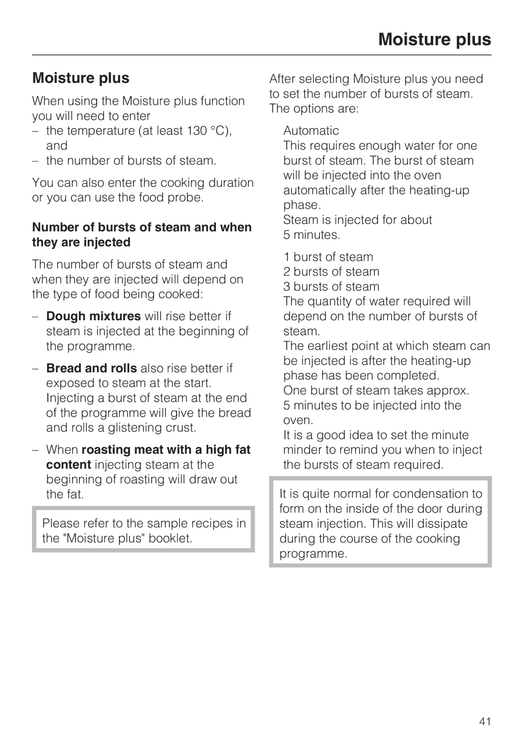 Miele H 5961 B installation instructions Moisture plus, Number of bursts of steam and when they are injected 