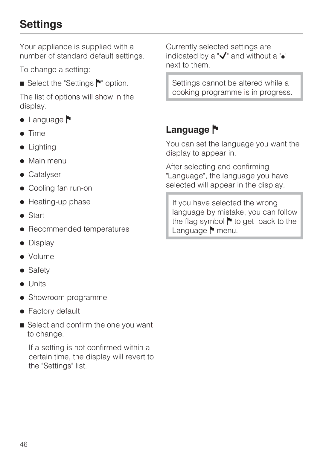 Miele H 5961 B installation instructions Settings, Language 