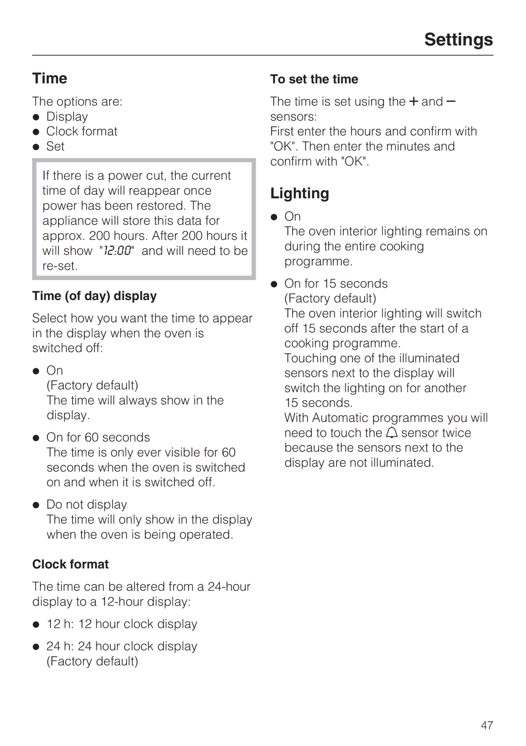 Miele H 5961 B installation instructions Time, Lighting, To set the time 