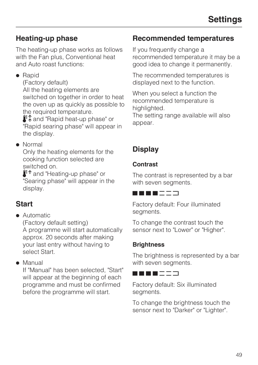 Miele H 5961 B installation instructions Heating-up phase, Start, Recommended temperatures, Contrast, Brightness 