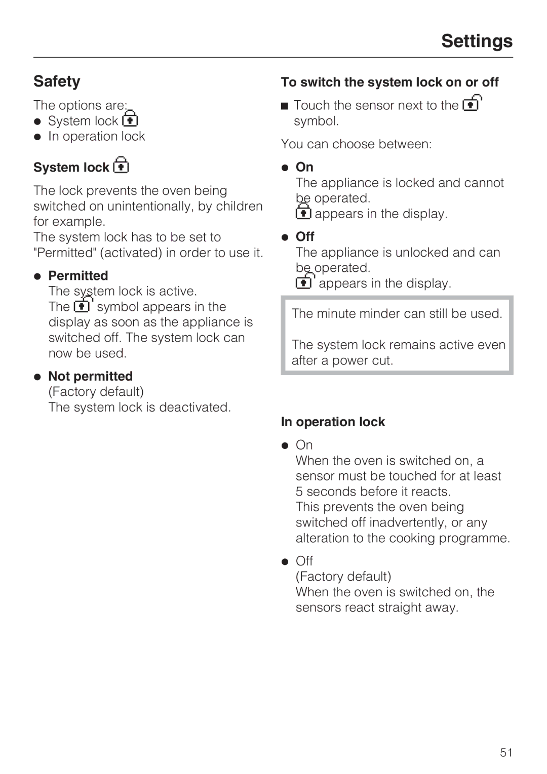 Miele H 5961 B Safety, Permitted, Not permitted Factory default, To switch the system lock on or off, Off 