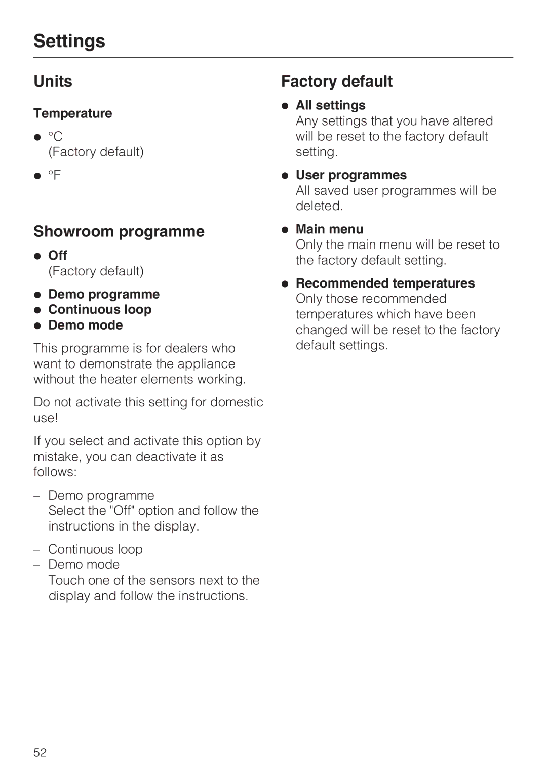 Miele H 5961 B installation instructions Units, Showroom programme, Factory default 