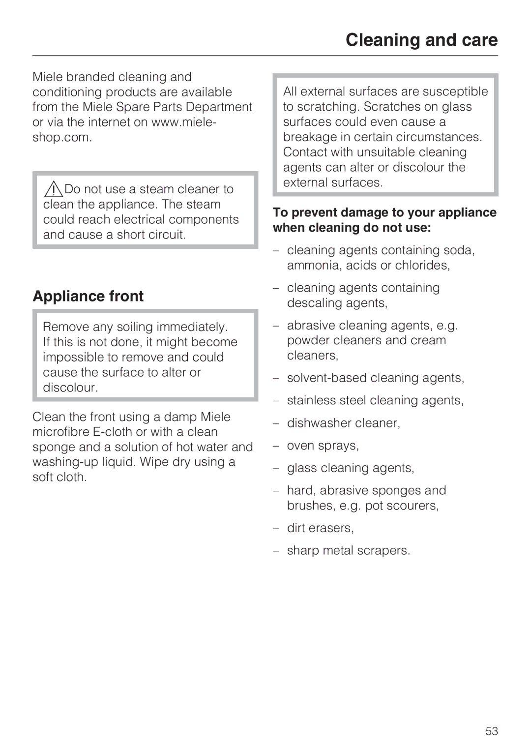 Miele H 5961 B installation instructions Cleaning and care, Appliance front 