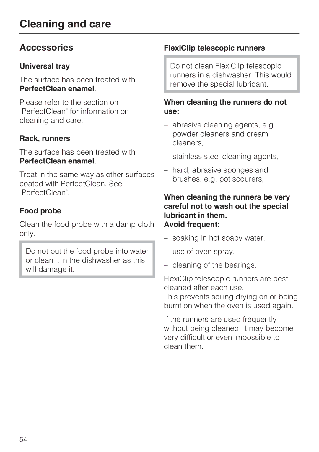 Miele H 5961 B installation instructions Universal tray, Rack, runners, When cleaning the runners do not use 