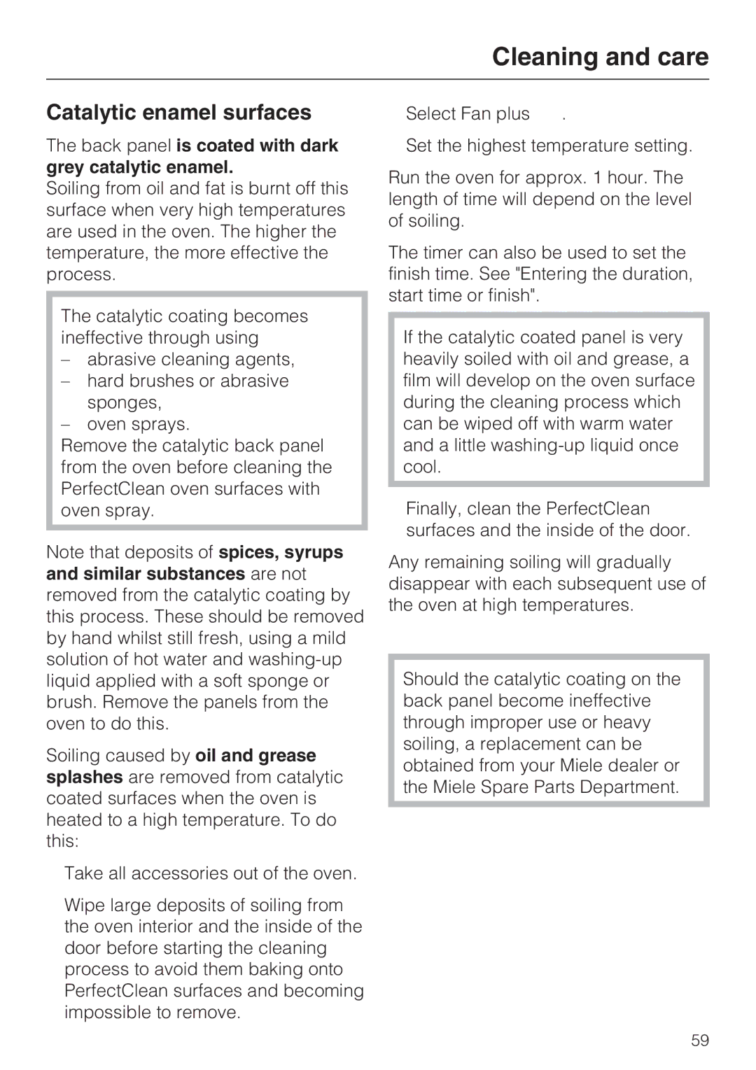 Miele H 5961 B installation instructions Catalytic enamel surfaces, Back panel is coated with dark grey catalytic enamel 