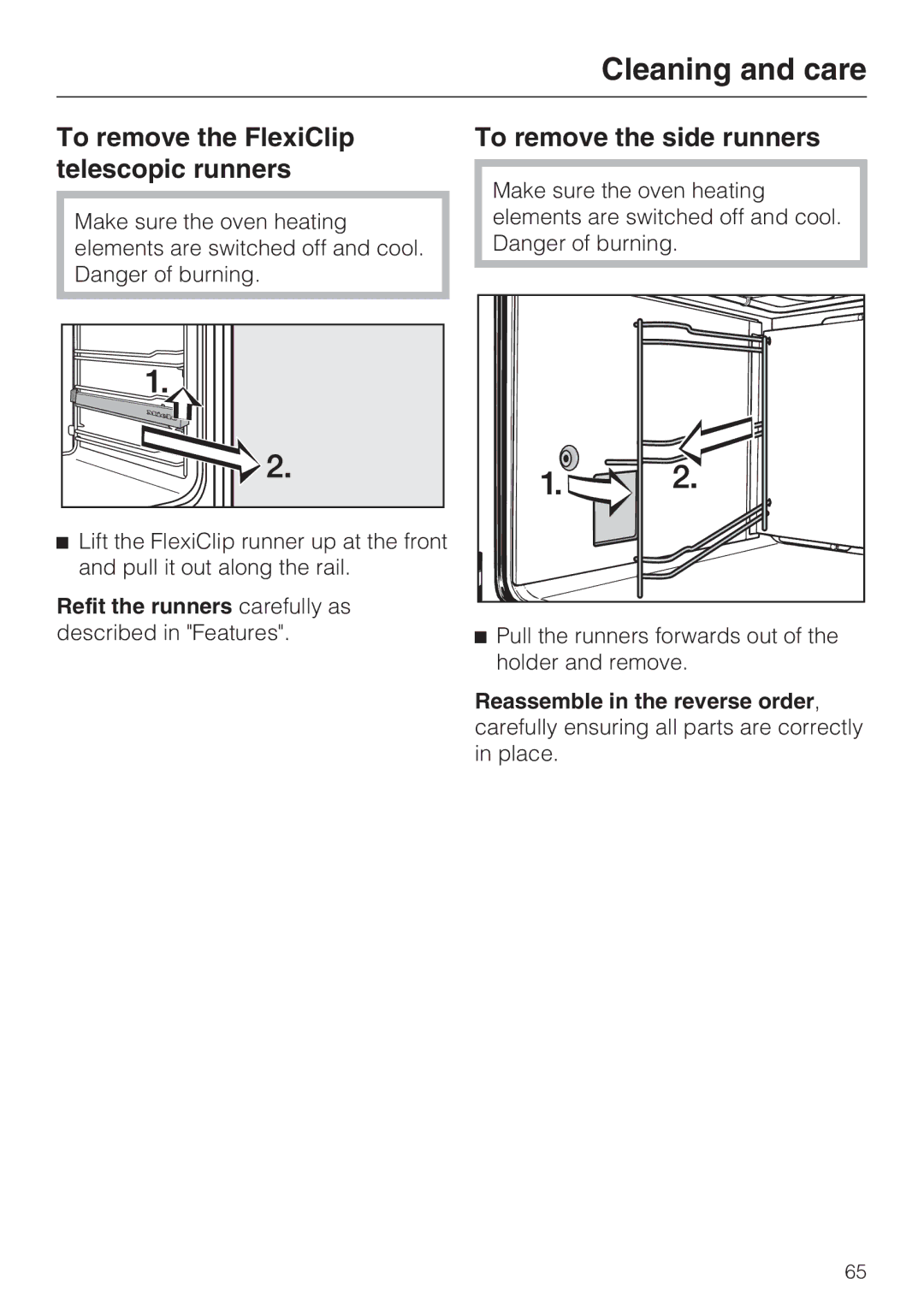 Miele H 5961 B installation instructions To remove the FlexiClip telescopic runners, To remove the side runners 