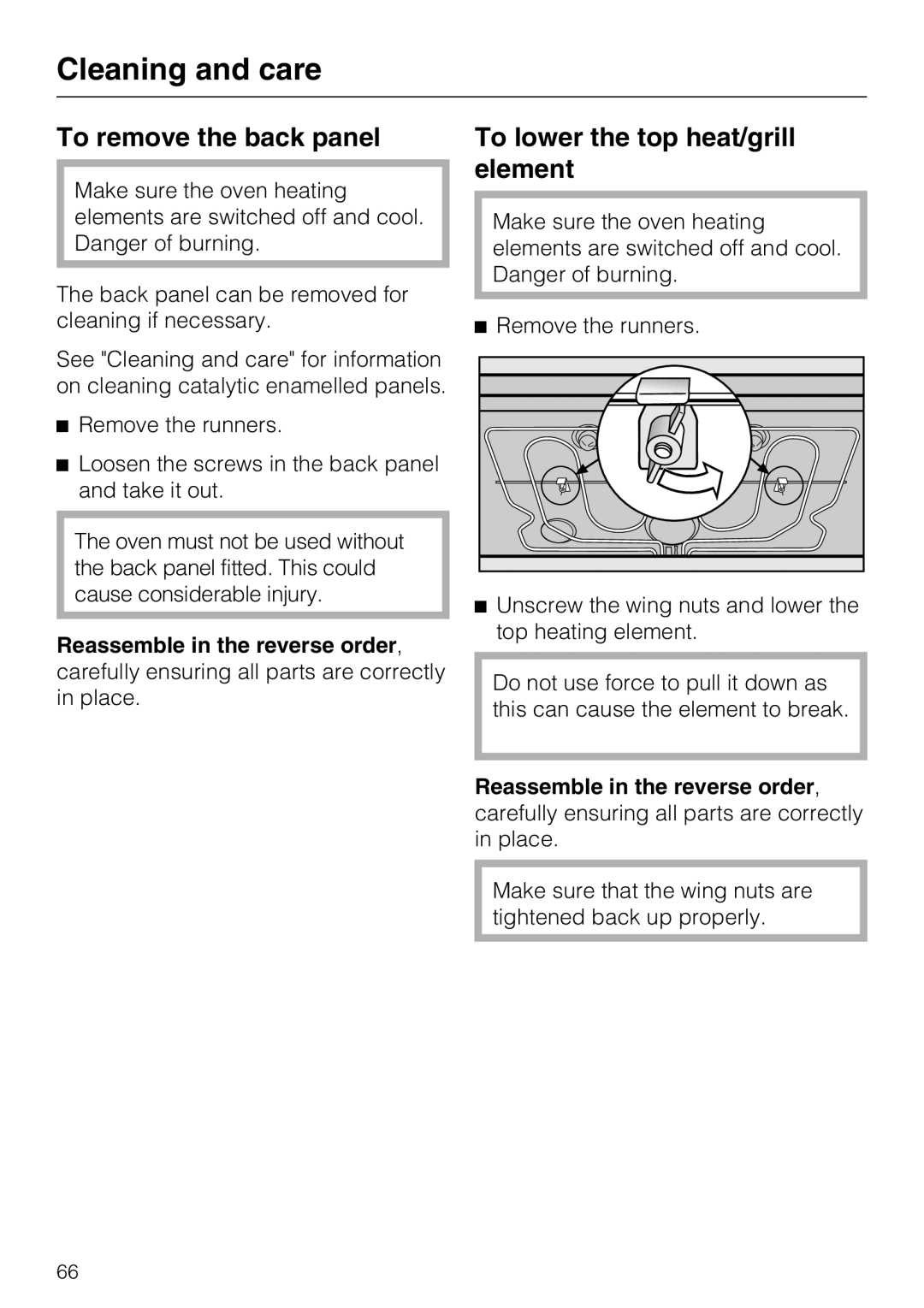 Miele H 5961 B installation instructions To remove the back panel, To lower the top heat/grill element 