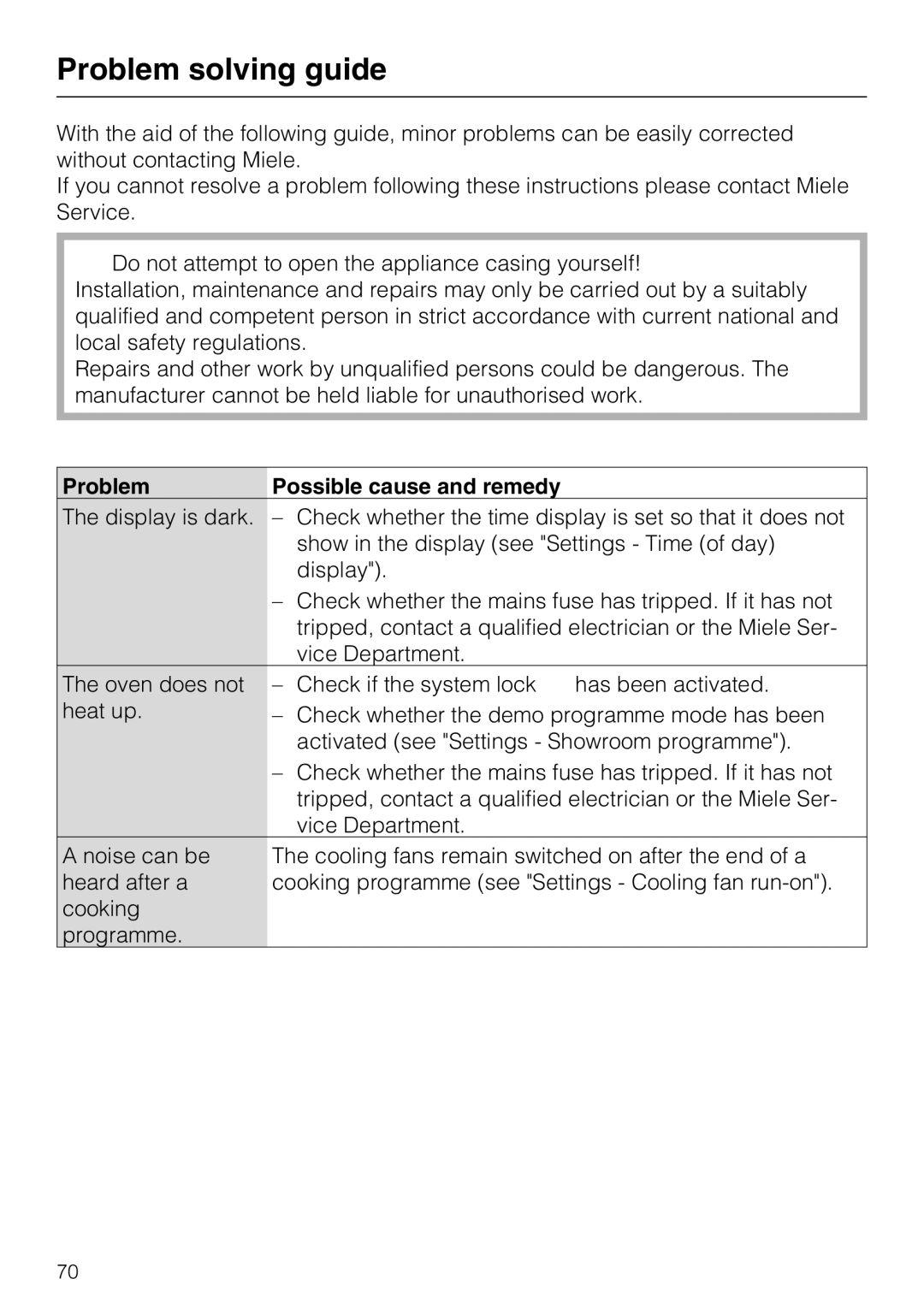 Miele H 5961 B installation instructions Problem solving guide, Problem Possible cause and remedy 