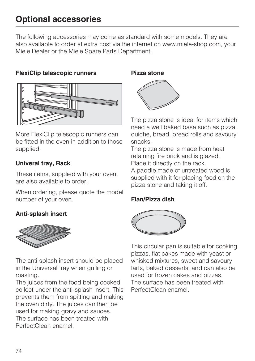 Miele H 5961 B installation instructions Optional accessories, Univeral tray, Rack, Flan/Pizza dish 