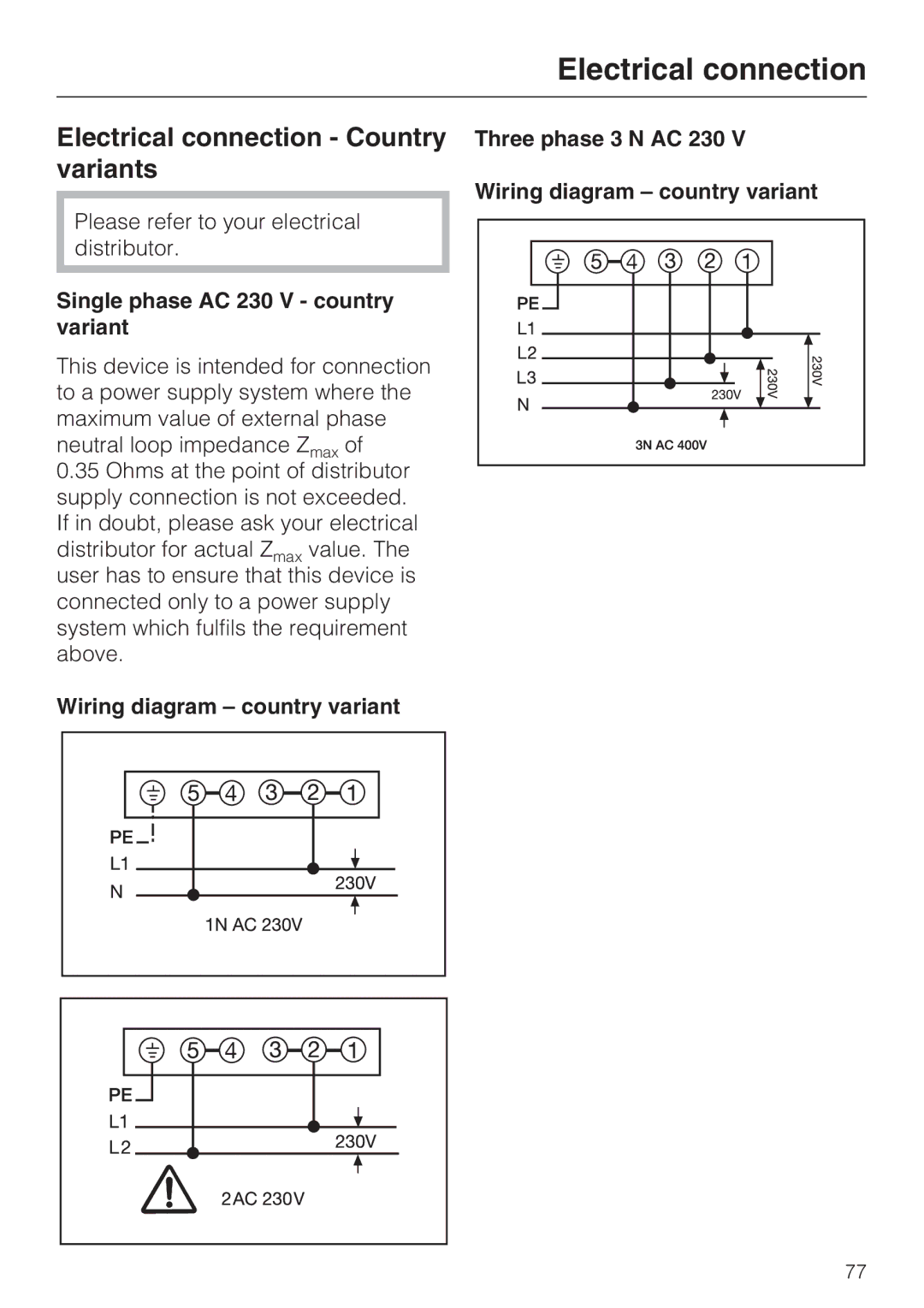 Miele H 5961 B installation instructions Electrical connection Country variants, Single phase AC 230 V country variant 