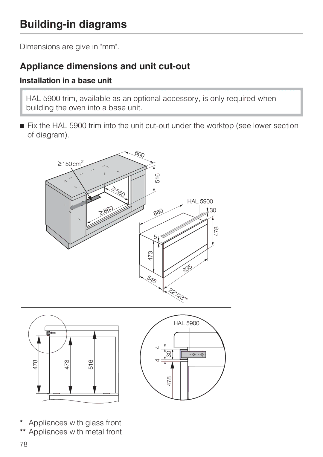 Miele H 5961 B Building-in diagrams, Appliance dimensions and unit cut-out, Installation in a base unit 