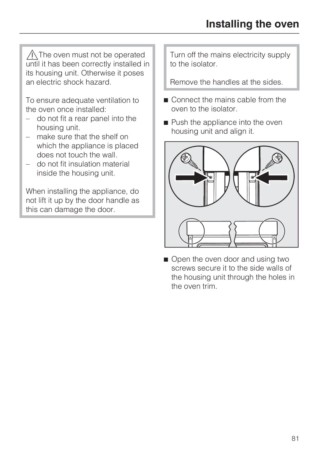 Miele H 5961 B installation instructions Installing the oven 