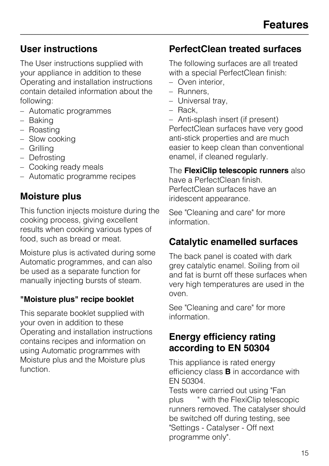 Miele H 5961 B User instructions, Moisture plus, PerfectClean treated surfaces, Catalytic enamelled surfaces 