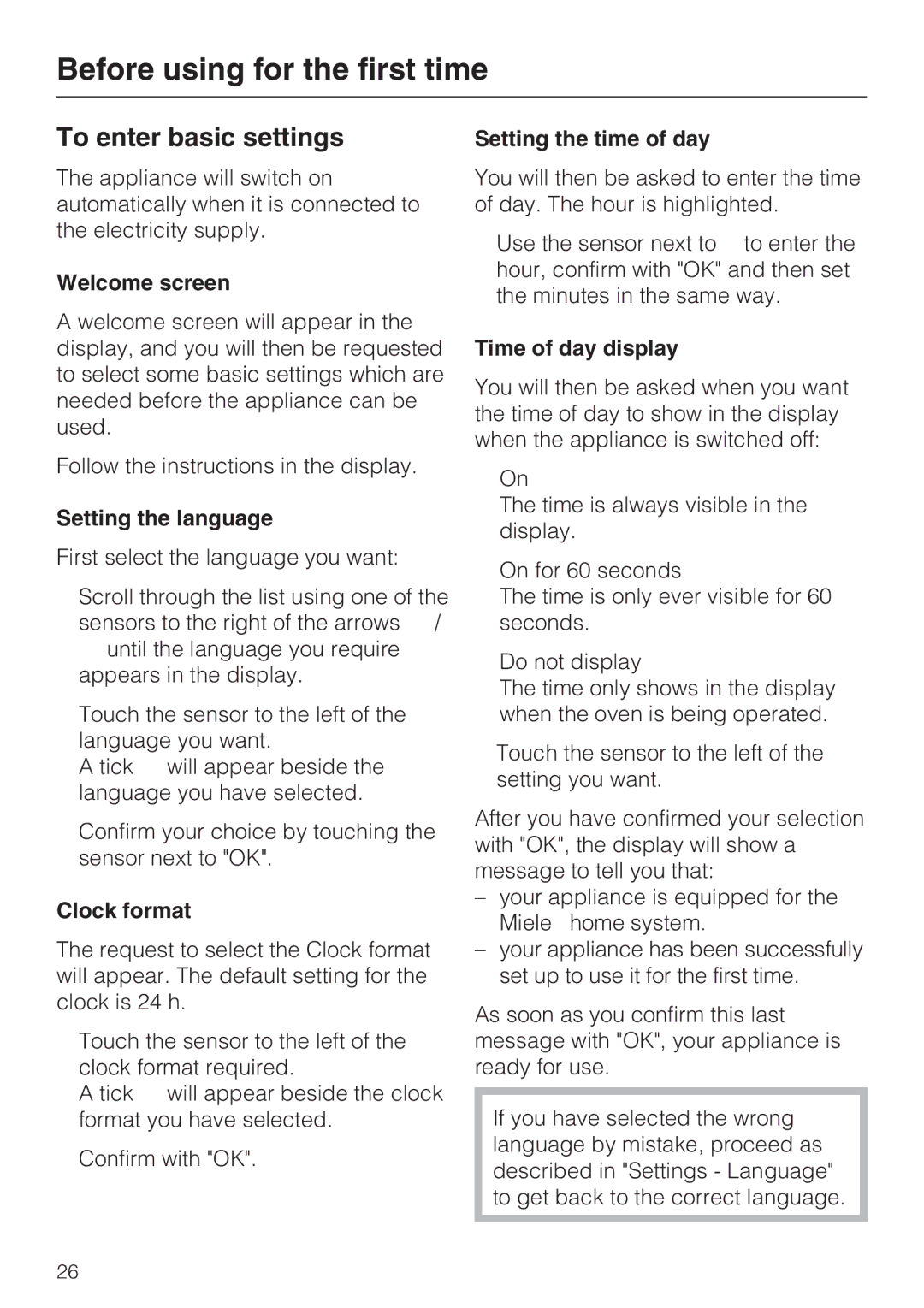 Miele H 5961 B installation instructions Before using for the first time, To enter basic settings 