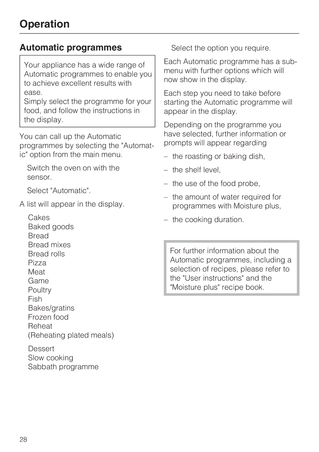 Miele H 5961 B installation instructions Operation, Automatic programmes 