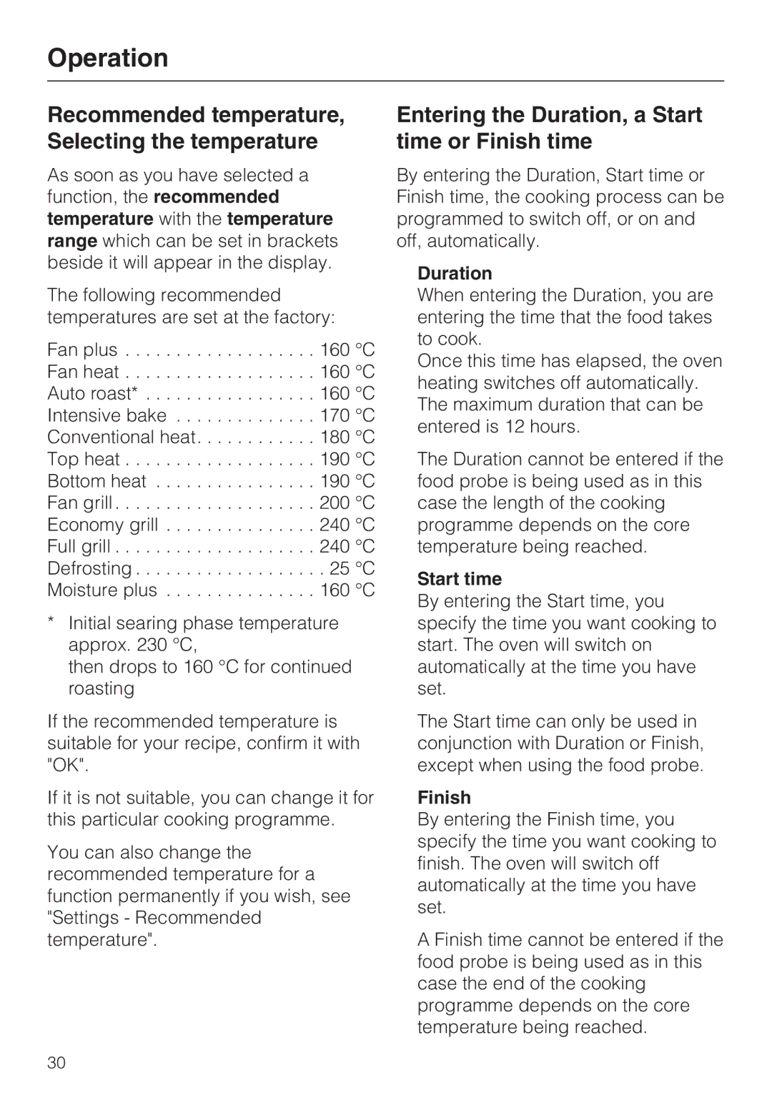 Miele H 5961 B Recommended temperature, Selecting the temperature, Entering the Duration, a Start time or Finish time 