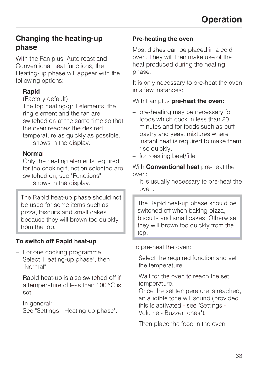 Miele H 5961 B installation instructions Changing the heating-up phase 