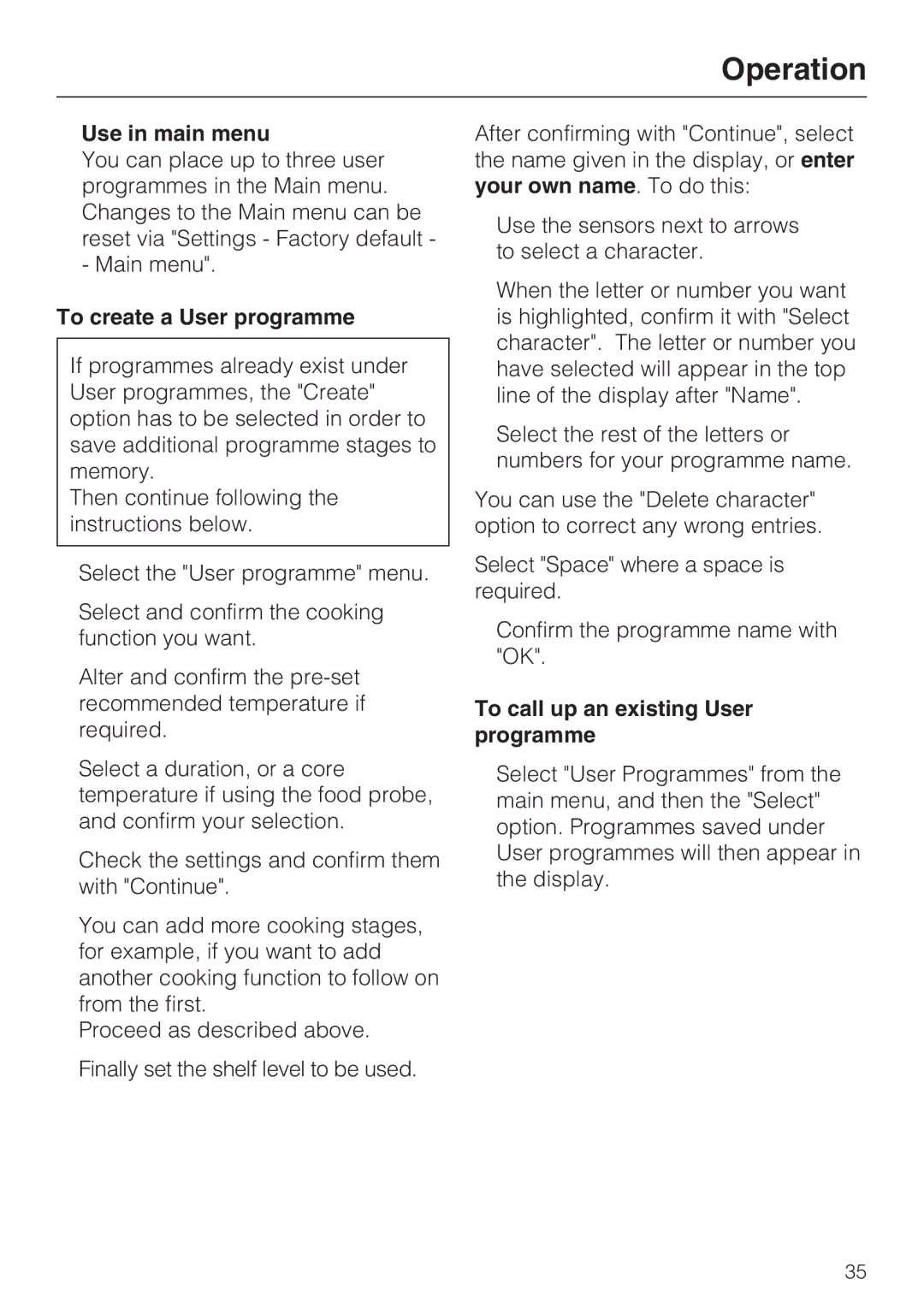 Miele H 5961 B Use in main menu, To create a User programme, To call up an existing User programme 