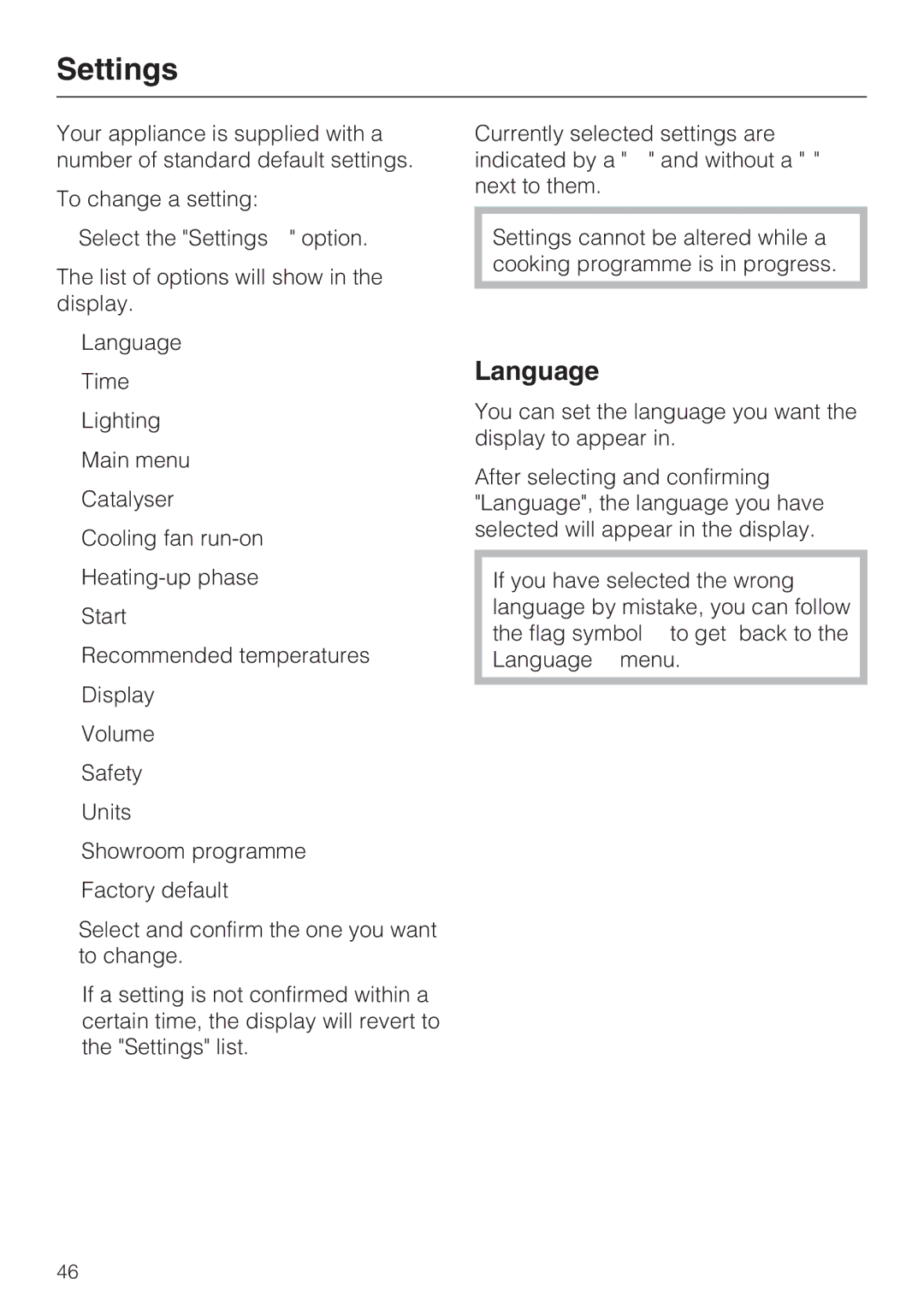 Miele H 5961 B installation instructions Settings, Language 