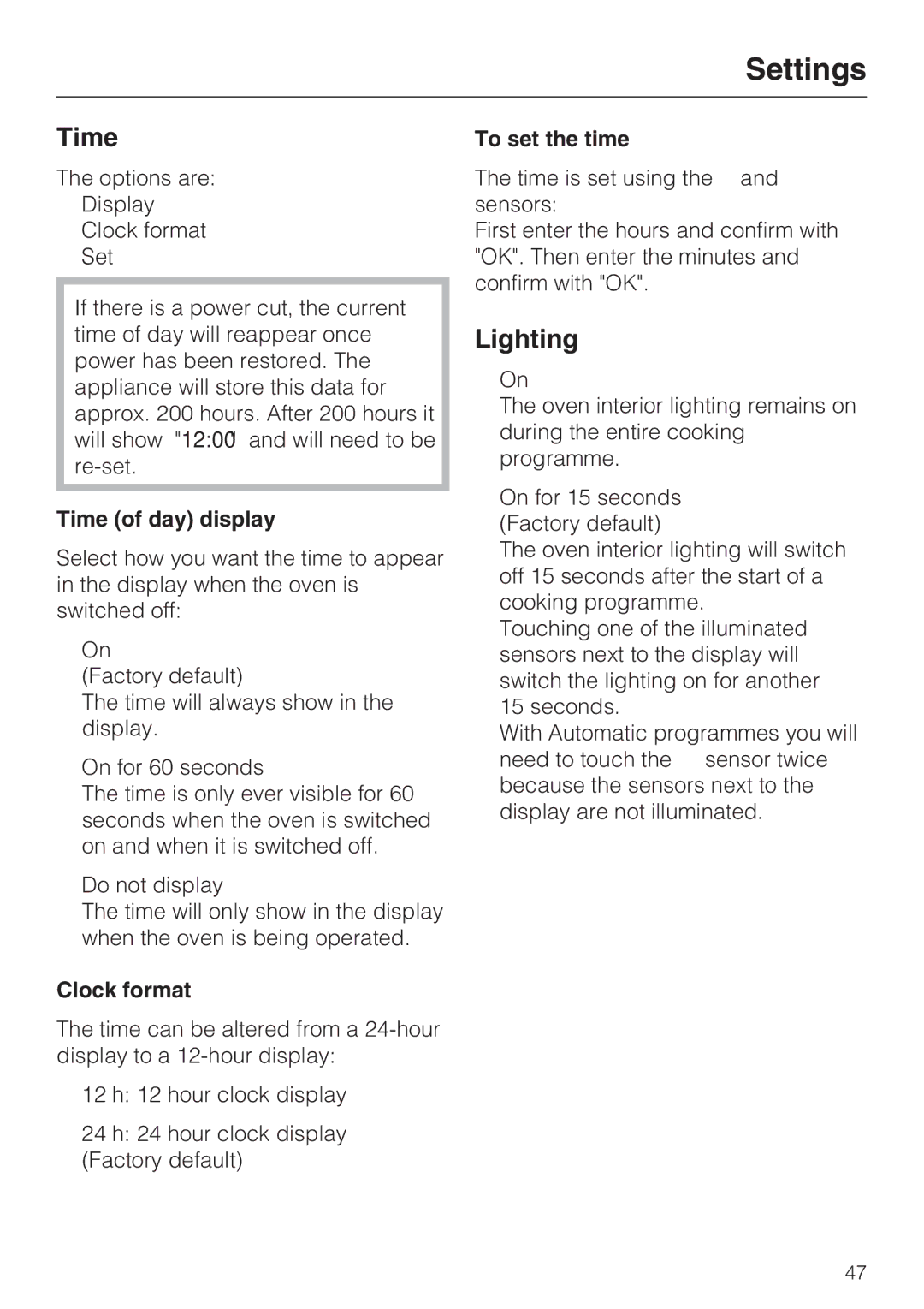 Miele H 5961 B installation instructions Time, Lighting, To set the time 