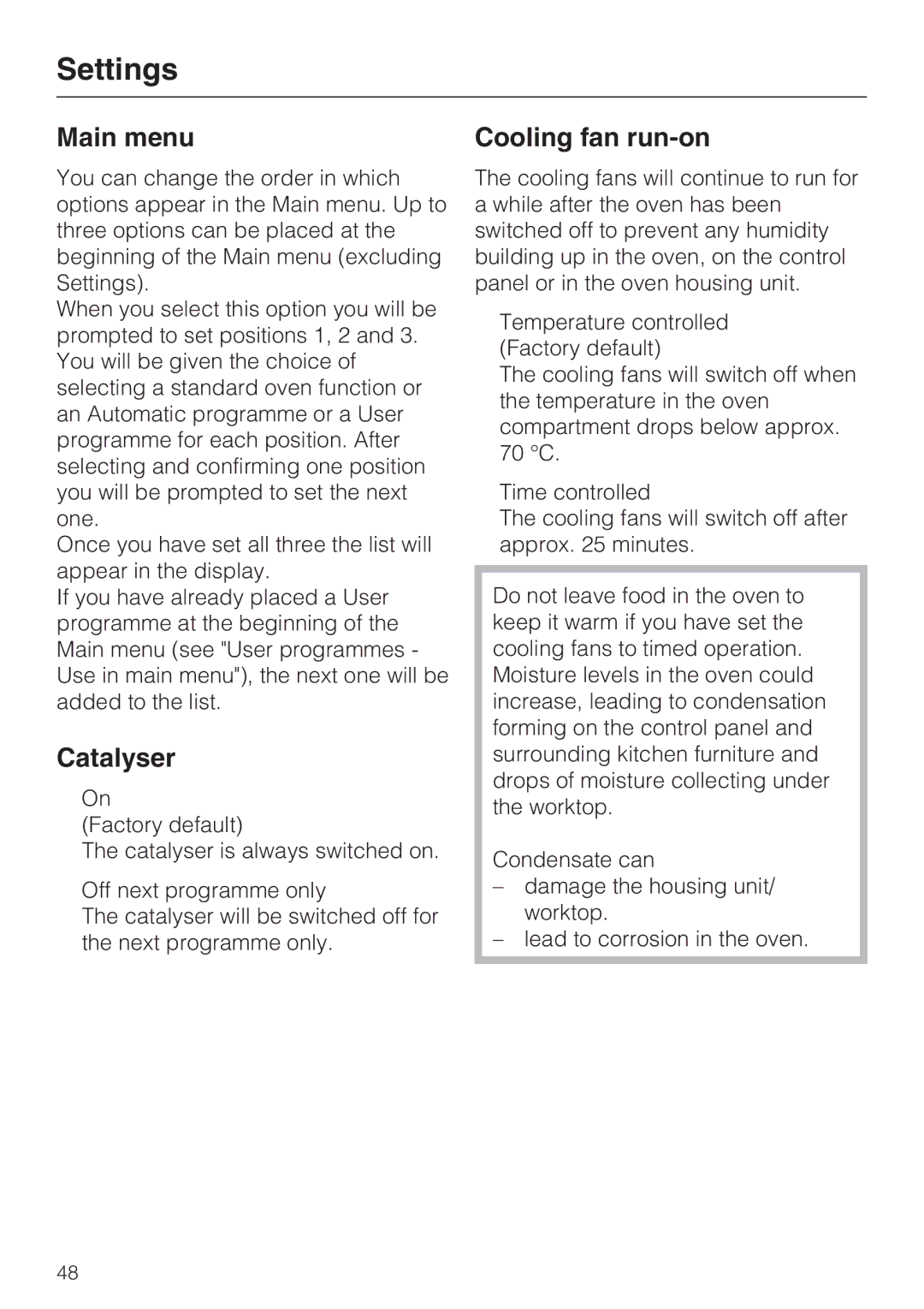 Miele H 5961 B installation instructions Main menu, Catalyser, Cooling fan run-on 